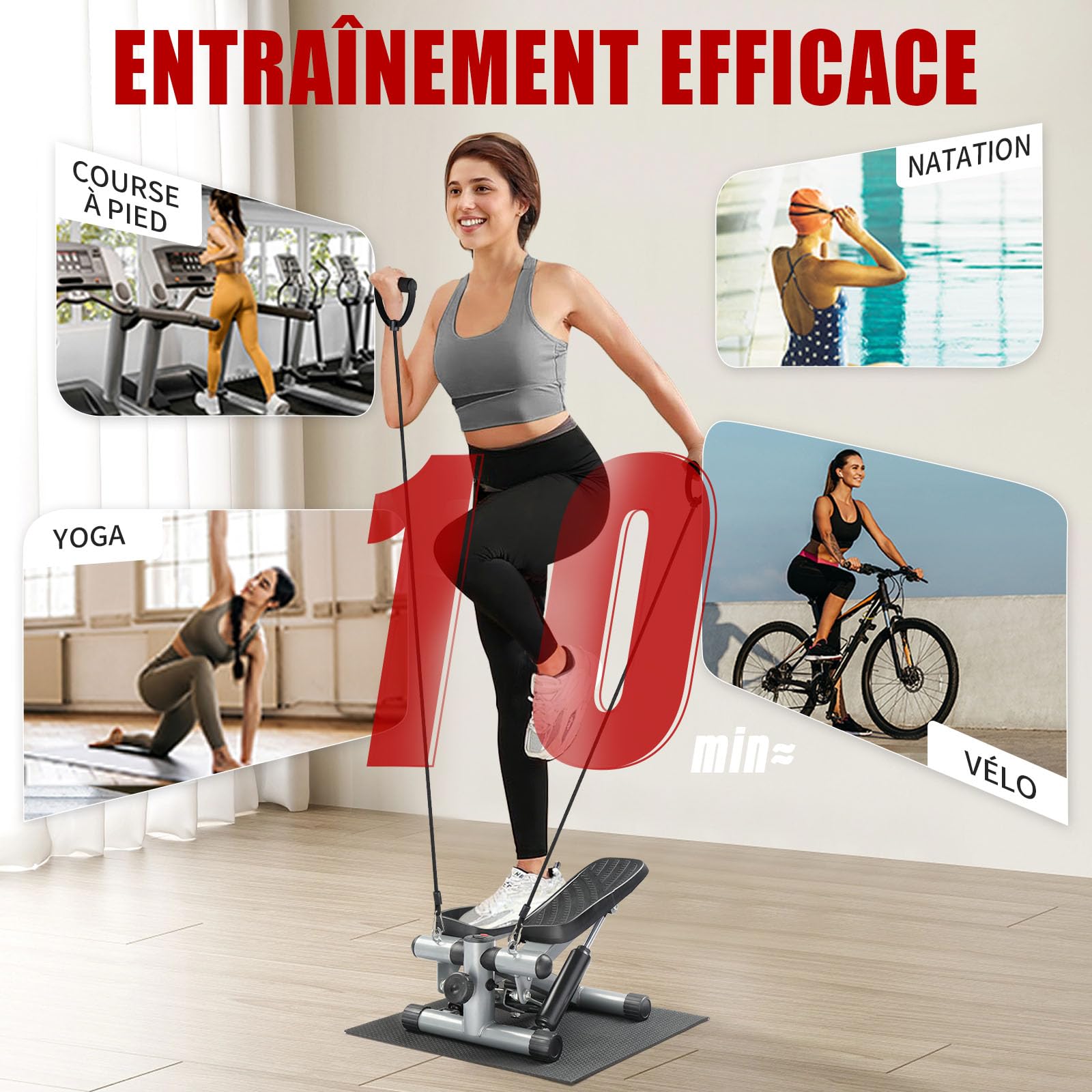 LEADZM Mini Stepper avec Coussinet Silencieux, Stepper de Fitness avec Bandes de Résistance, Écran LCD, Compteur de Calories, pour L'entraînement des Jambes et des Bras Fessiers, Noir et Argent