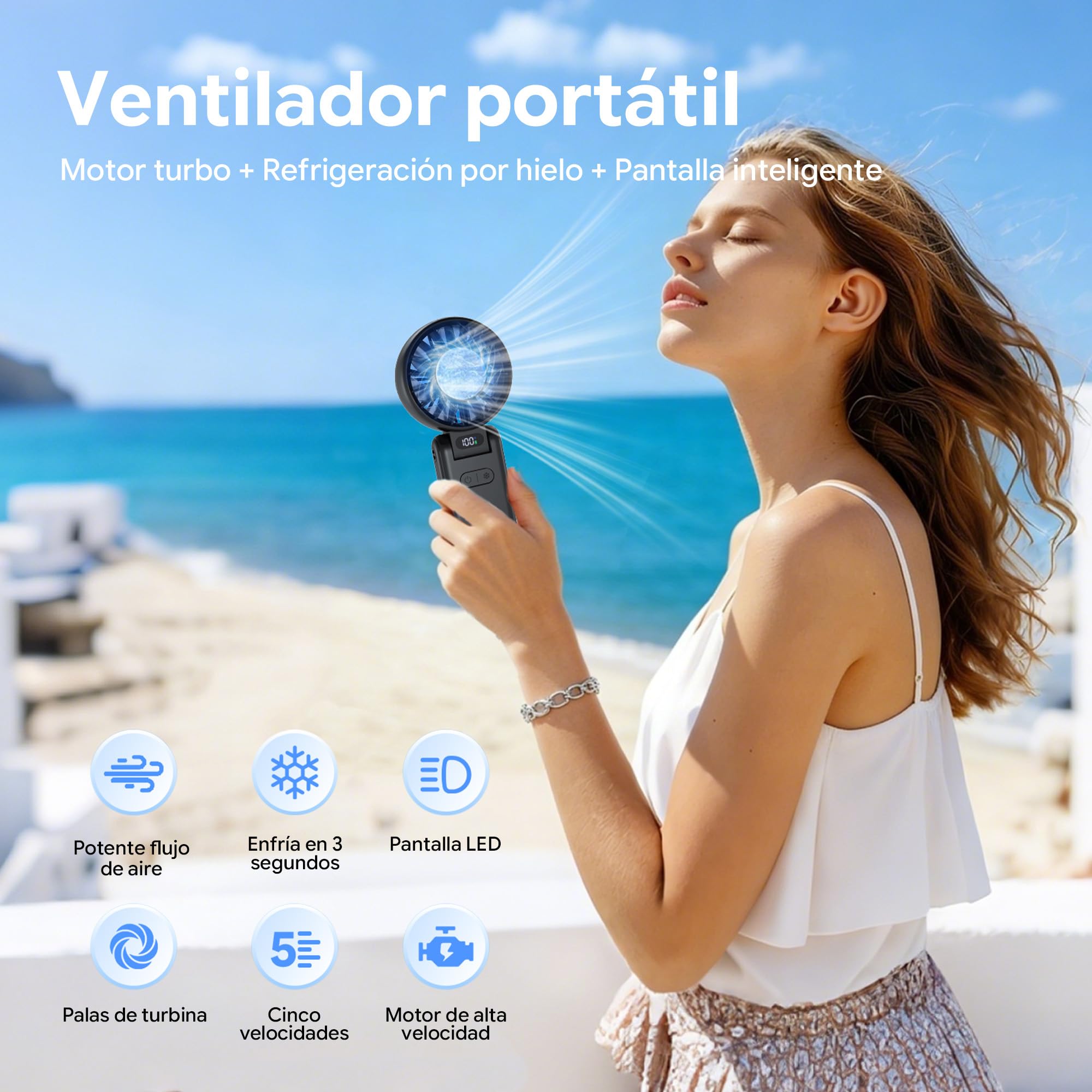 Ventilador Portátil con Refrigeración por Hielo, Enfriamiento en 3 s, Recargable, 5 Velocidades, hasta 9 m/s,carga USB-C,para Viajes, Oficina y Exterior