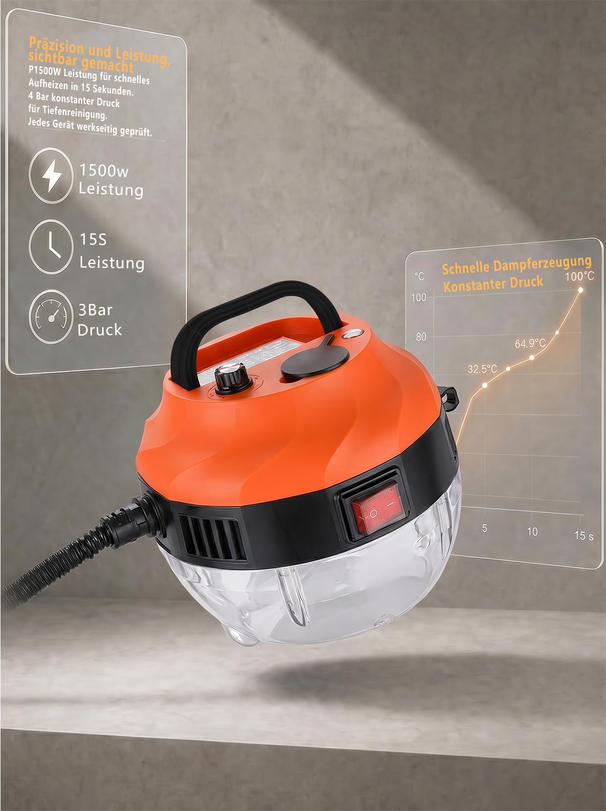 Limpiador a Vapor 1500W, 105℃, 6 Niveles, 3BAR Portátil | Vapor 105℃ 3BAR, 15 s calentamiento. Depósito 1,3L, 6 niveles, 3 cepillos. Sin químicos, para cocina baño coche.