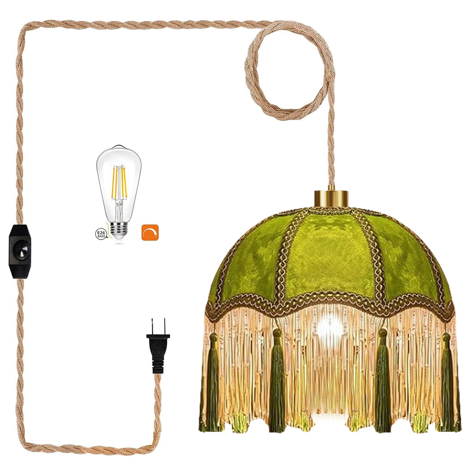 QIYIZM Plug in Pendant Light Boho Fringe Green Hanging Lamp