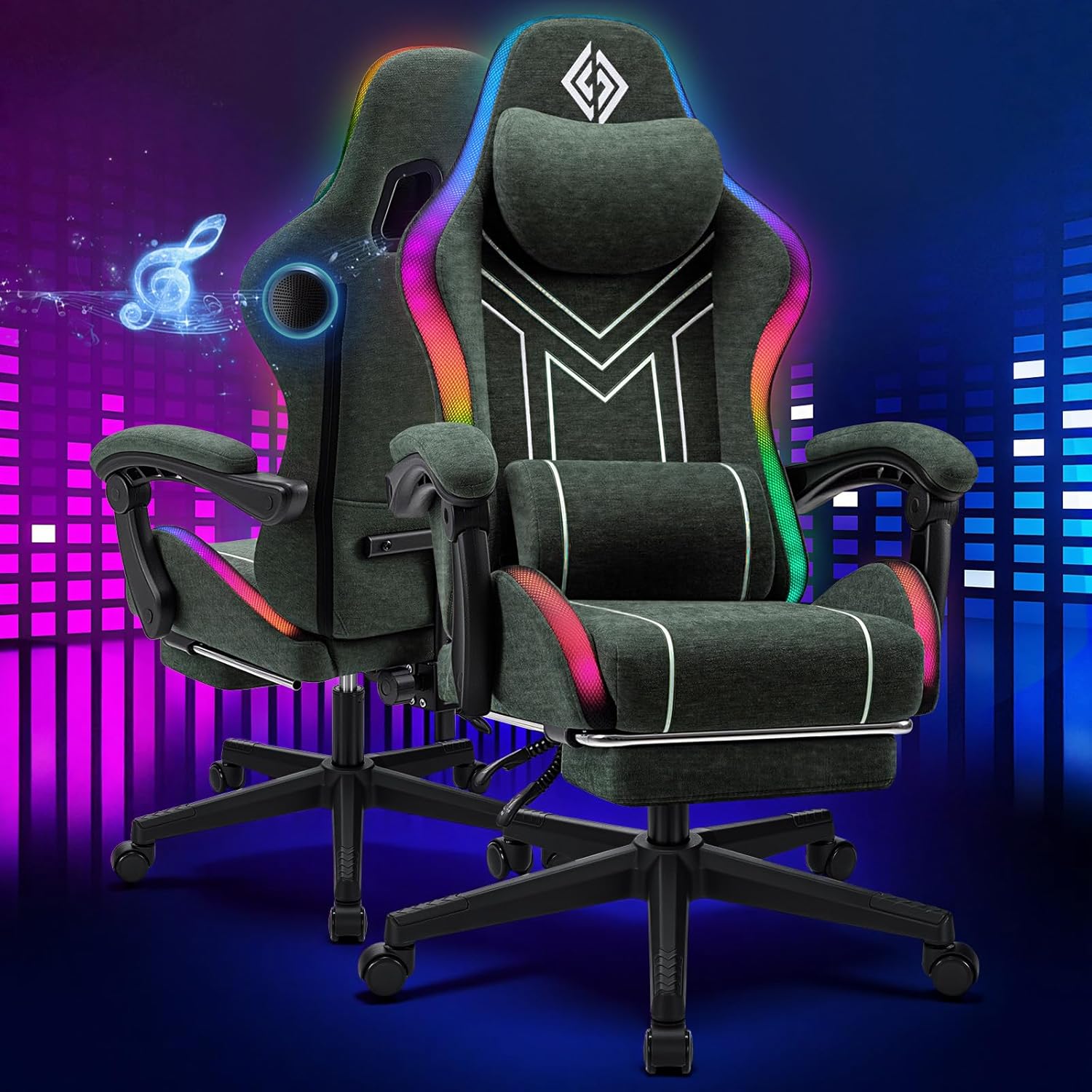HOFFREE RGB Gaming Chair with Music Rhythm LED Lights and Bluetooth Speakers, Fabric Ergonomic Computer Chair with Footrest, Massage, Reclining Video Game Chair for Gaming & Office, Green