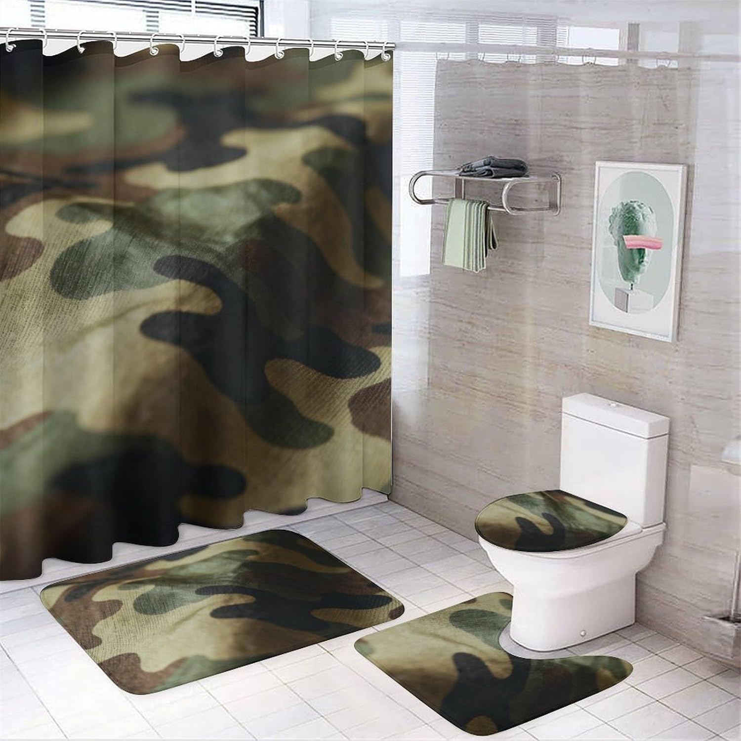 4 Piece Bathroom Rug Set with Shower Curtain, Non-Slip Bath Mat Toilet Cover Set, Camouflage Bathroom Rug Sets