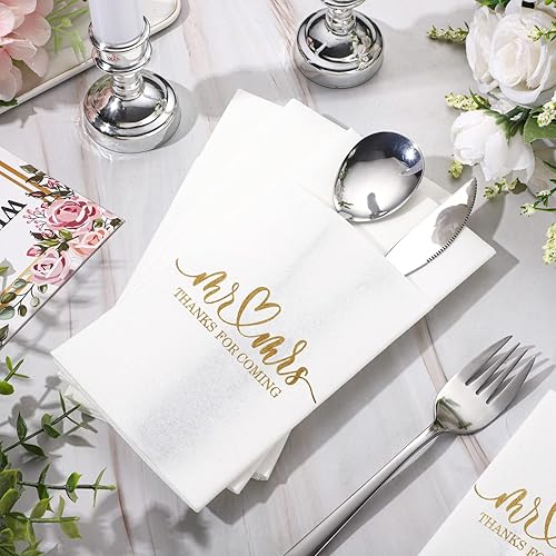 Miniatura 4 de Panelee 100 servilletas de boda con bolsillo integrado para cubiertos de Mr and Mrs personalizadas, sensación de lino, suministros de cena