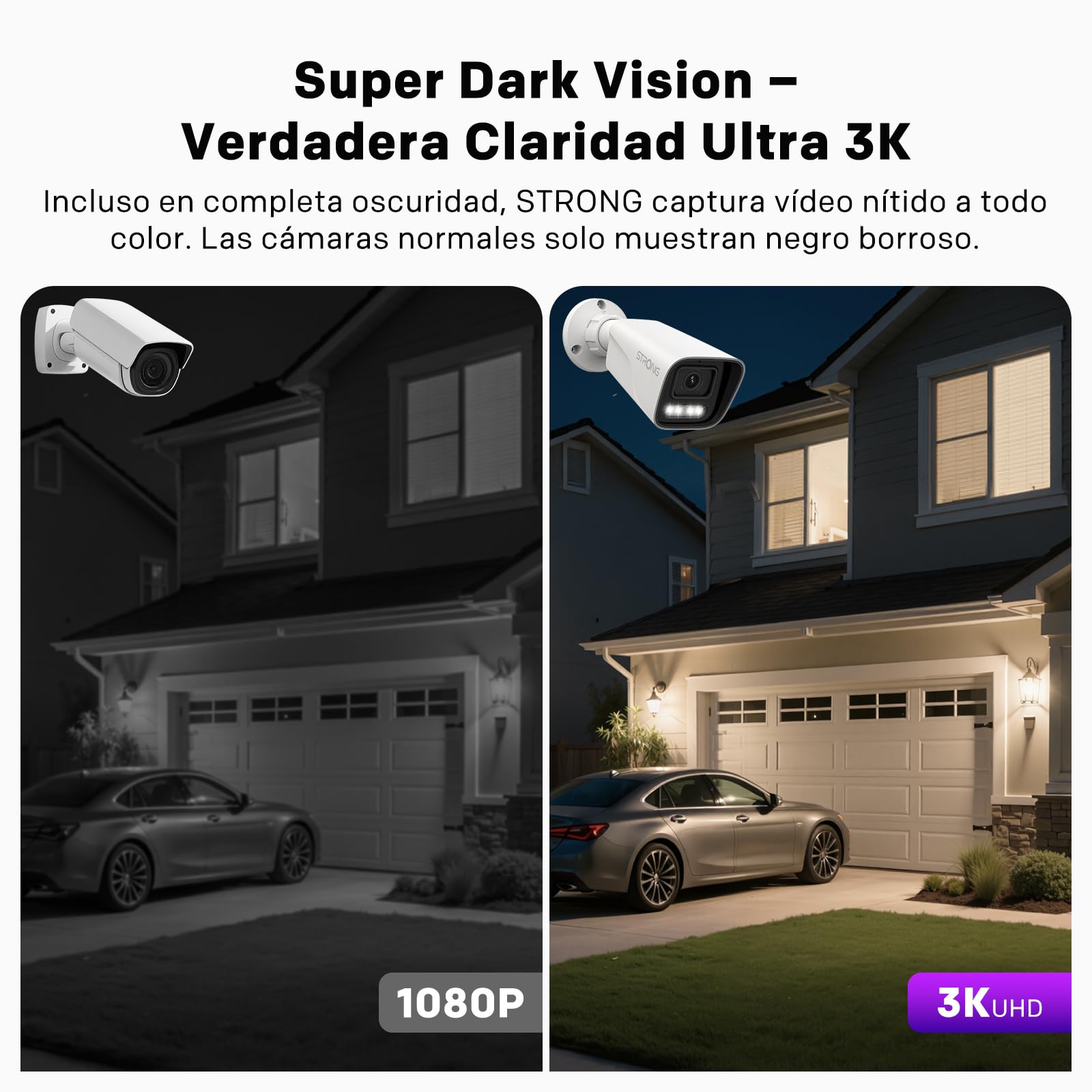 Strong Cámara Exterior 3K 5MP, Cámara Seguridad PoE con Detección Movimiento/Humana, Visión Nocturna Avanzada, Alertas de Vehículos, IP67 Impermeable, Micrófono, Grabación NVR/Cloud, Control por App