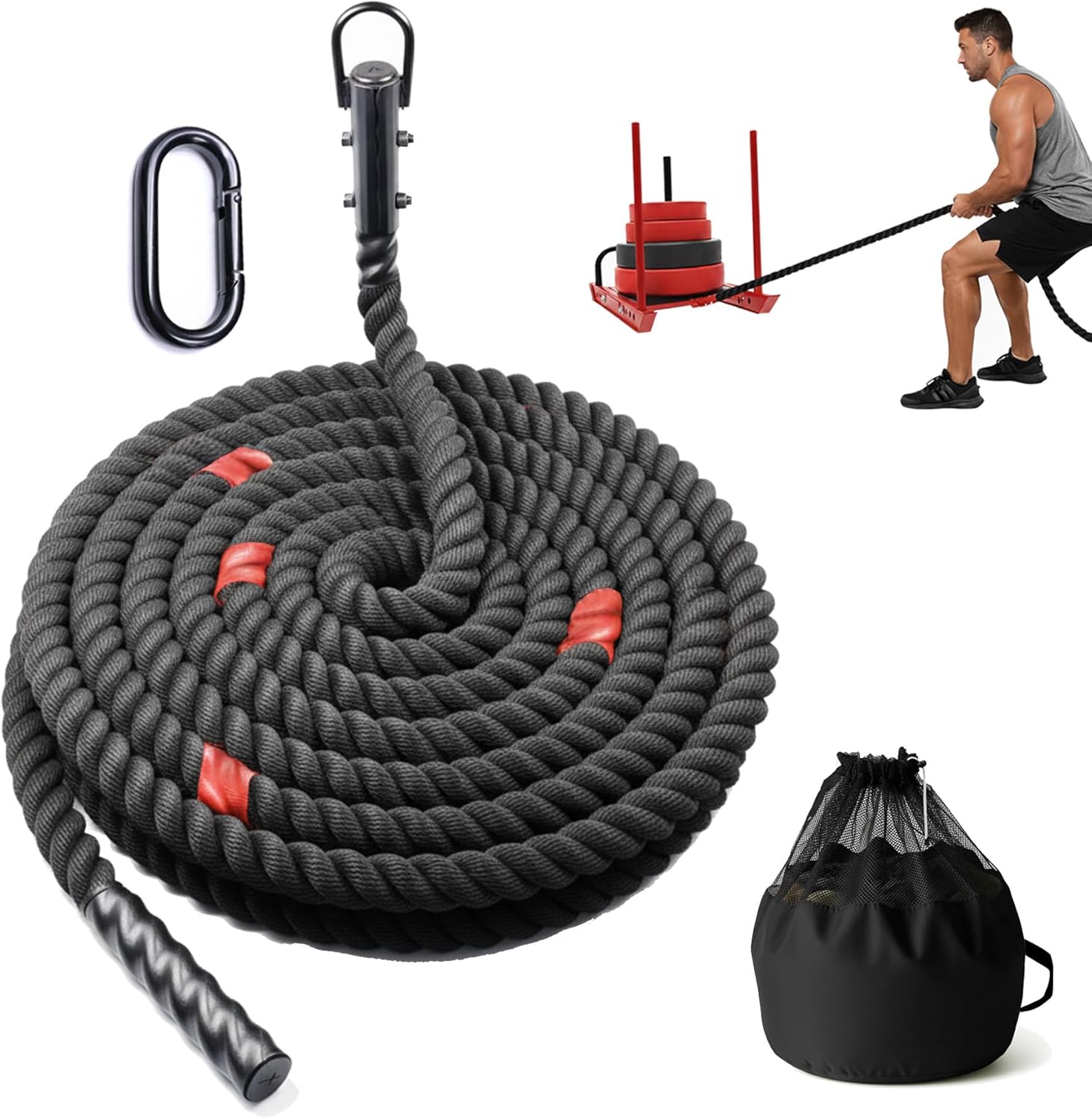 Weighted Sled Pull Rope 50FT with 3m Interval Markers, Braided Polyester Training Rope with Storage Bag and Carabiner for Home Fitness & Conditioning