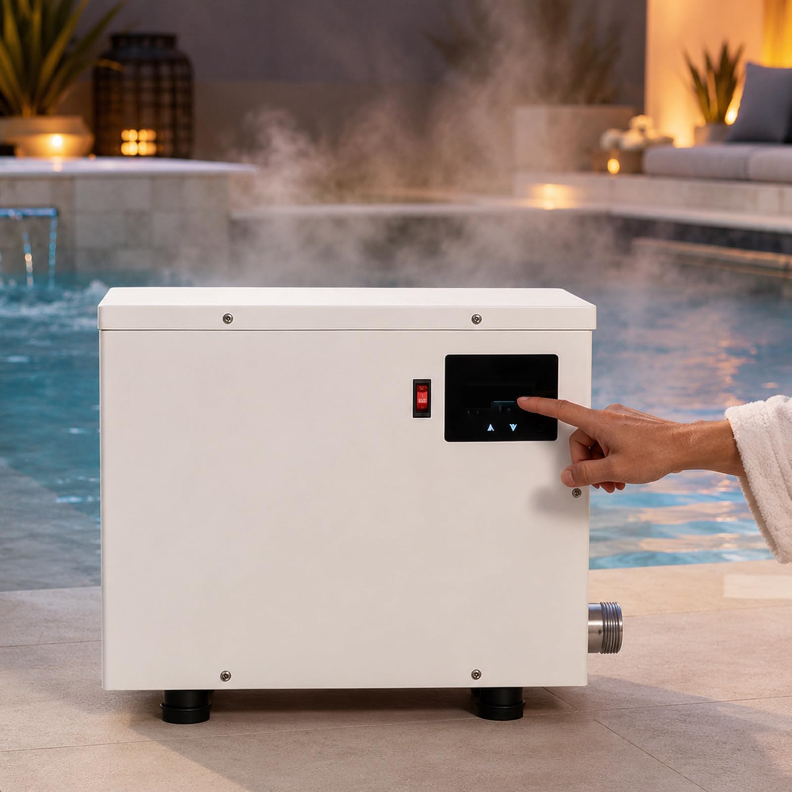 Riscaldatore Elettrico per Piccola Piscina 220V, Scaldacqua Piscina Fuori Terra Con Termostato Touchscreen, In Acciaio Inox a Riscaldamento Rapido per Spa, Idromassaggio E Vasca Fredda 9KW
