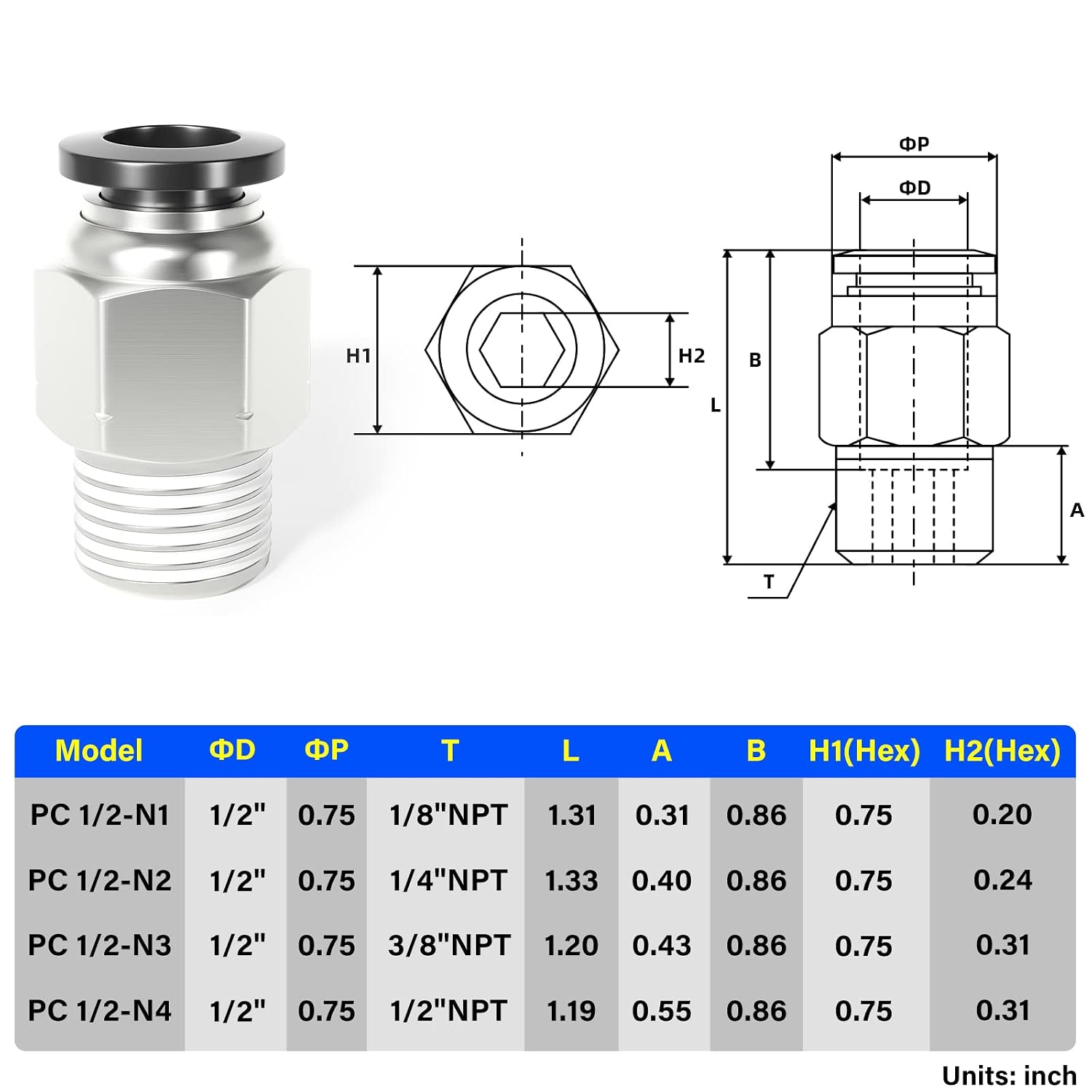 TAILONZ PNEUMATIC Male Straight 1/2 Inch Tube OD x 1/8 Inch NPT Thread Push to Connect Fittings PC-1/2-N1 (Pack of 5)