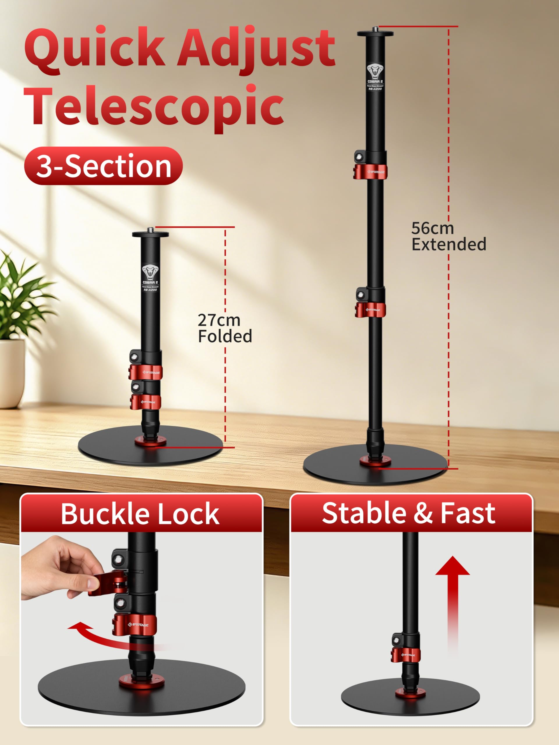 IFOOTAGE Cobra RB-A200 Monopod de Base Redonda, Monopié de Aluminio para Cámara Profesional con Hebilla de Altura de Ajuste Rápido, Adecuado para Disparar Vlog de Escritorio