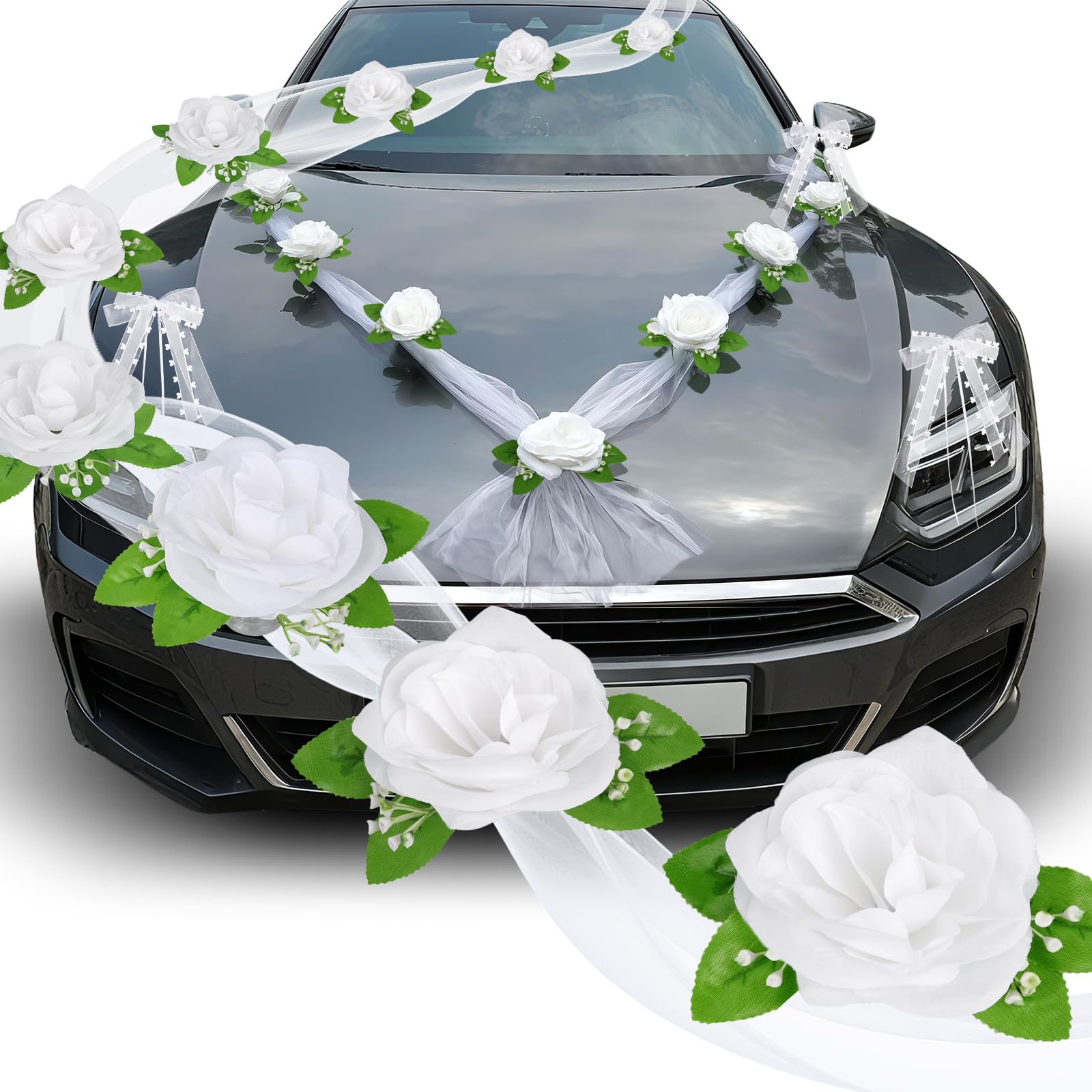 Ensemble de décoration de voiture de mariage complet avec rubans et fleurs blanches pour cortège