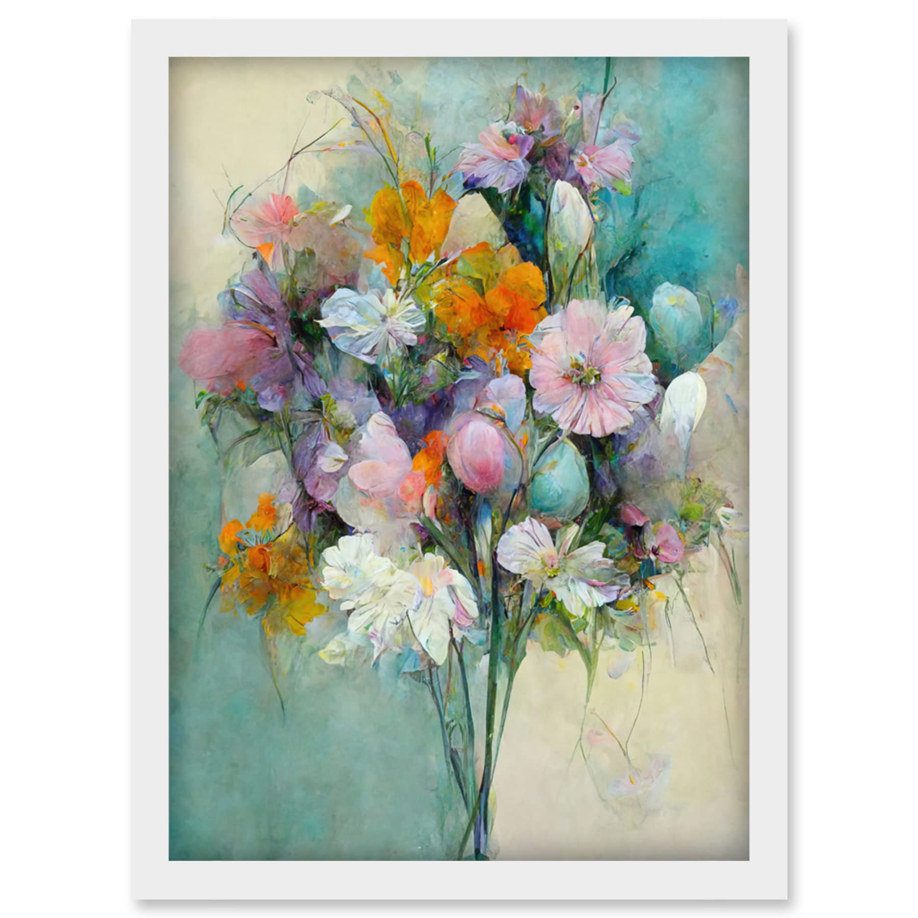 Doppelganger33 LTD Watercolour Pink Orange And Teal Spring Flower Bouquet Illustration Artwork Framed Wall Art Print A4