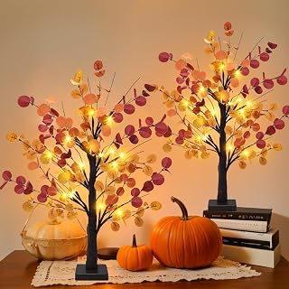 2 Pack Fall Decor 24 Inch Artificial Fall Table Tree Lighted EucalyptusTree with 24 LED Light Timer Fall Table Decor for Autumn Thanksgiving Wedding Party Harvest Home Indoor Outdoor