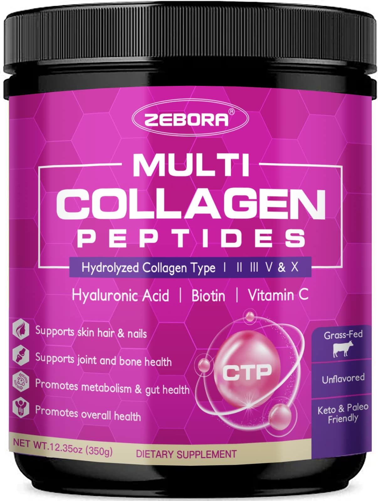 Multi Collagen Peptides Powder - Hydrolyzed Collagen Type I II III V X with Hyaluronic Acid, Biotin, Vitamin C - Support Skin Hair Nail Joints, Non-GMO, Unflavored, Keto Friendly