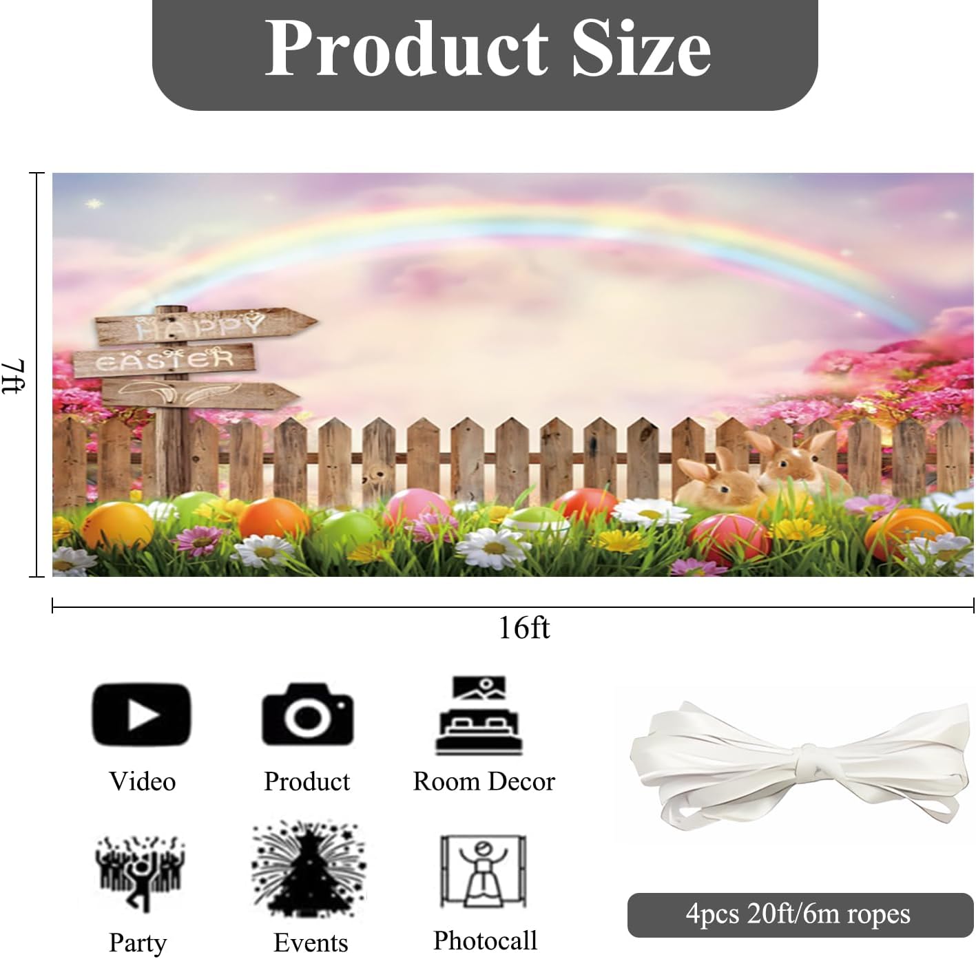 OERJU Easter Garage Door Banner Cover Mural Rabbit Colorful Eggs Fence Rainbow Happy Easter Garage Door Decorations Bunny Spring Holiday Party Decor Supplies Indoor Outdoor Wall Cover 7x16ft