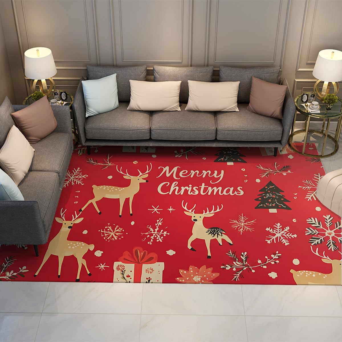 Tapis Noël 90x150cm lavable avec rennes et sapin pour salon et bureau