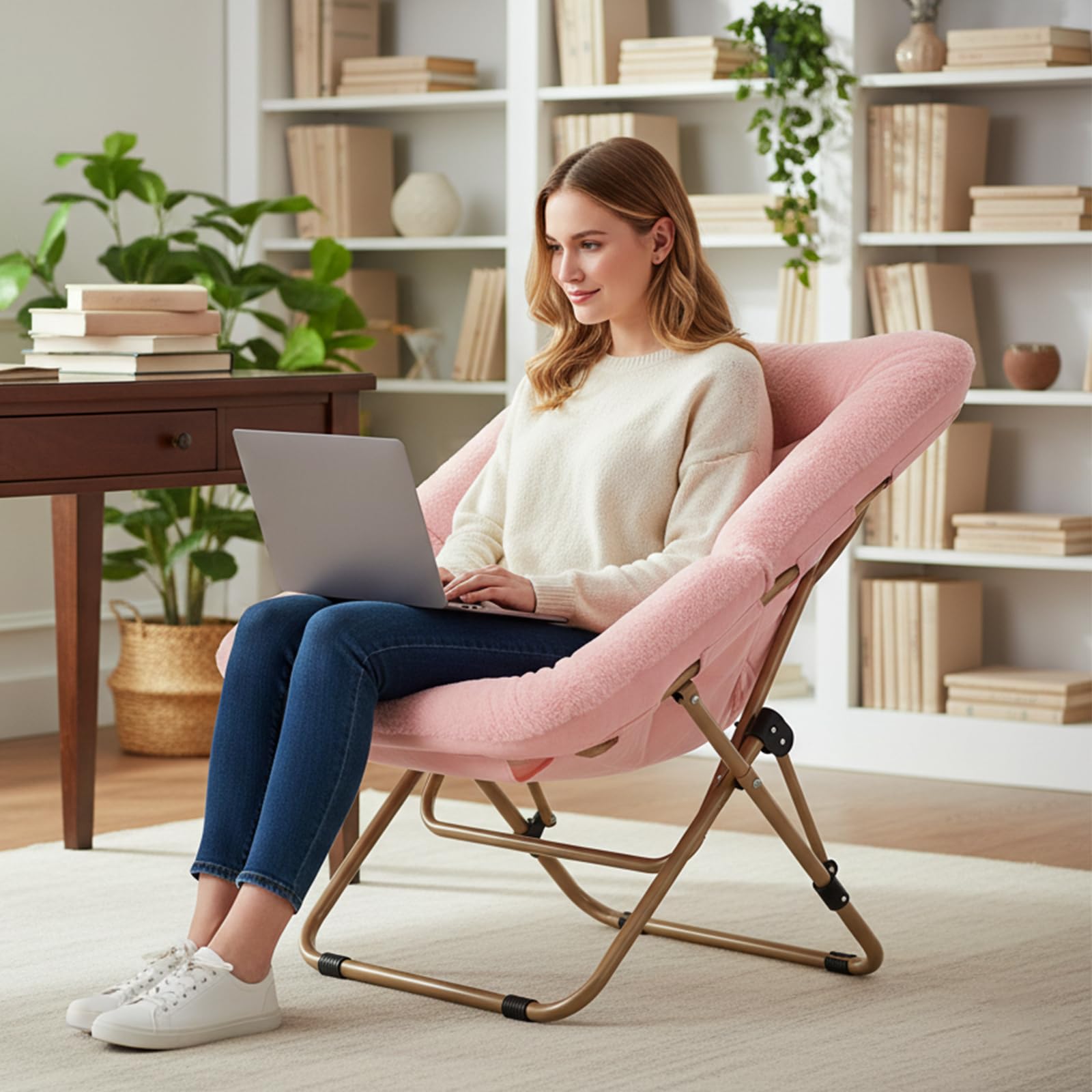 Tiita Cómoda silla plegada, silla plegable de gran tamaño de piel sintética suave, silla perezosa para niños, adolescentes y adultos, silla de luna con marco de metal para dormitorio, sala de estar