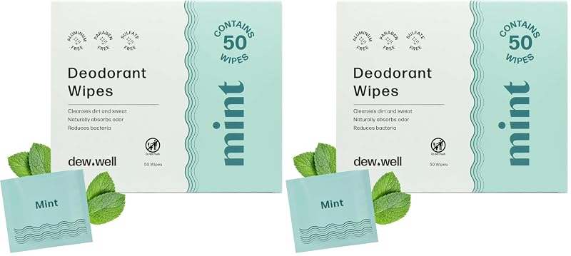Lenços desodorantes Dew Well com embalagem individual, menta, pacote com 2