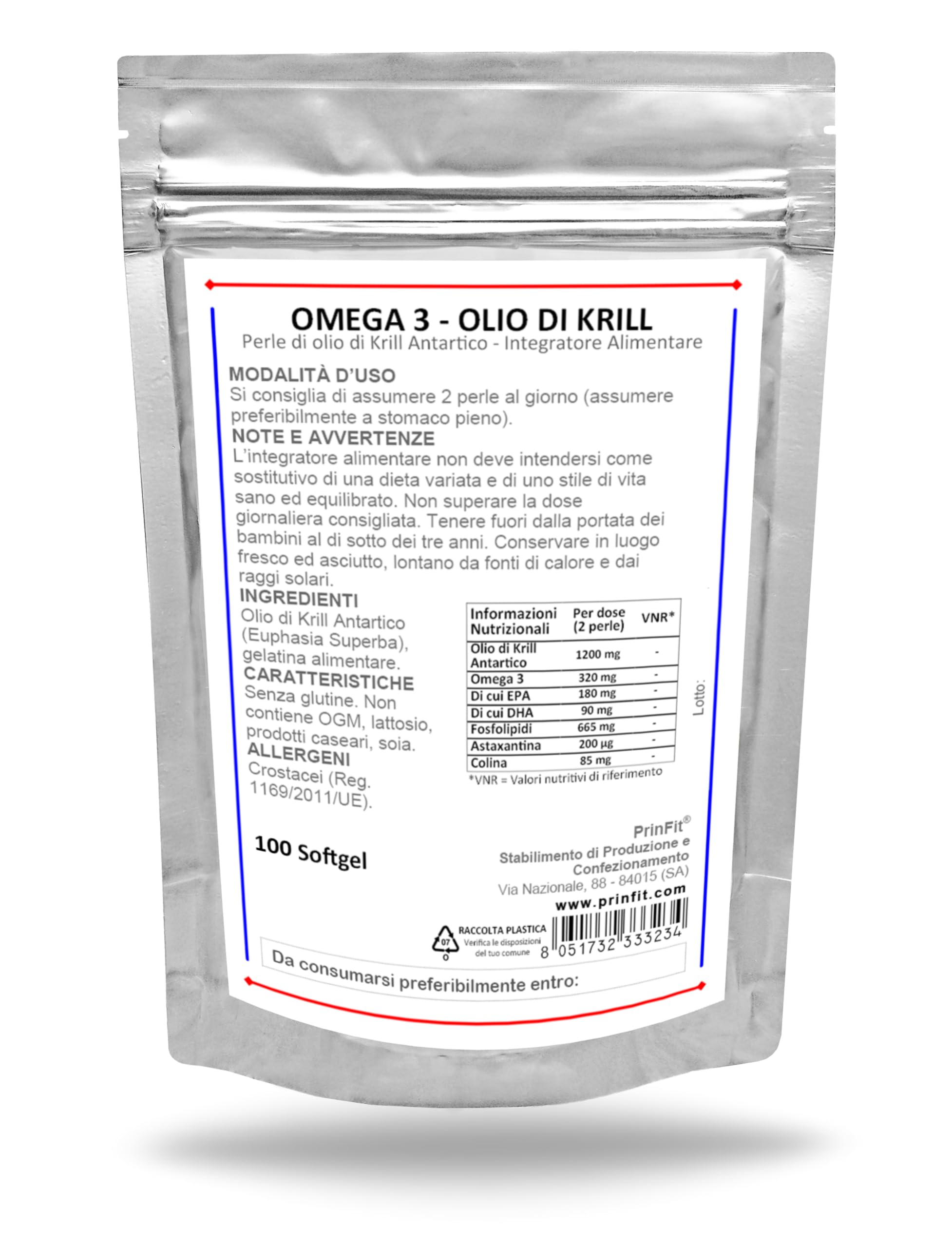 Olio di Krill Omega 3 Puro PrinFit - Ricco di Omega-3 EPA e DHA | Fonte di Fosfolipidi Marini e Astaxantina | Krill Oil 100% Naturale- Senza Retrogusto | 100 Capsule molli (softgels)