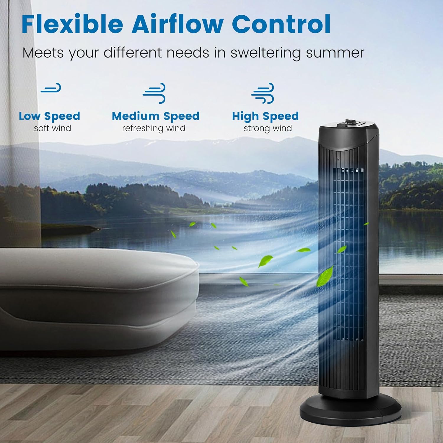ARLIME Tower Fan, 28 Inch Oscillating Fan with 3 Adjustable Speed, 3 Wind Mode, Quiet Household Tower Fan for Bedroom, Living Room, Office (Black)
