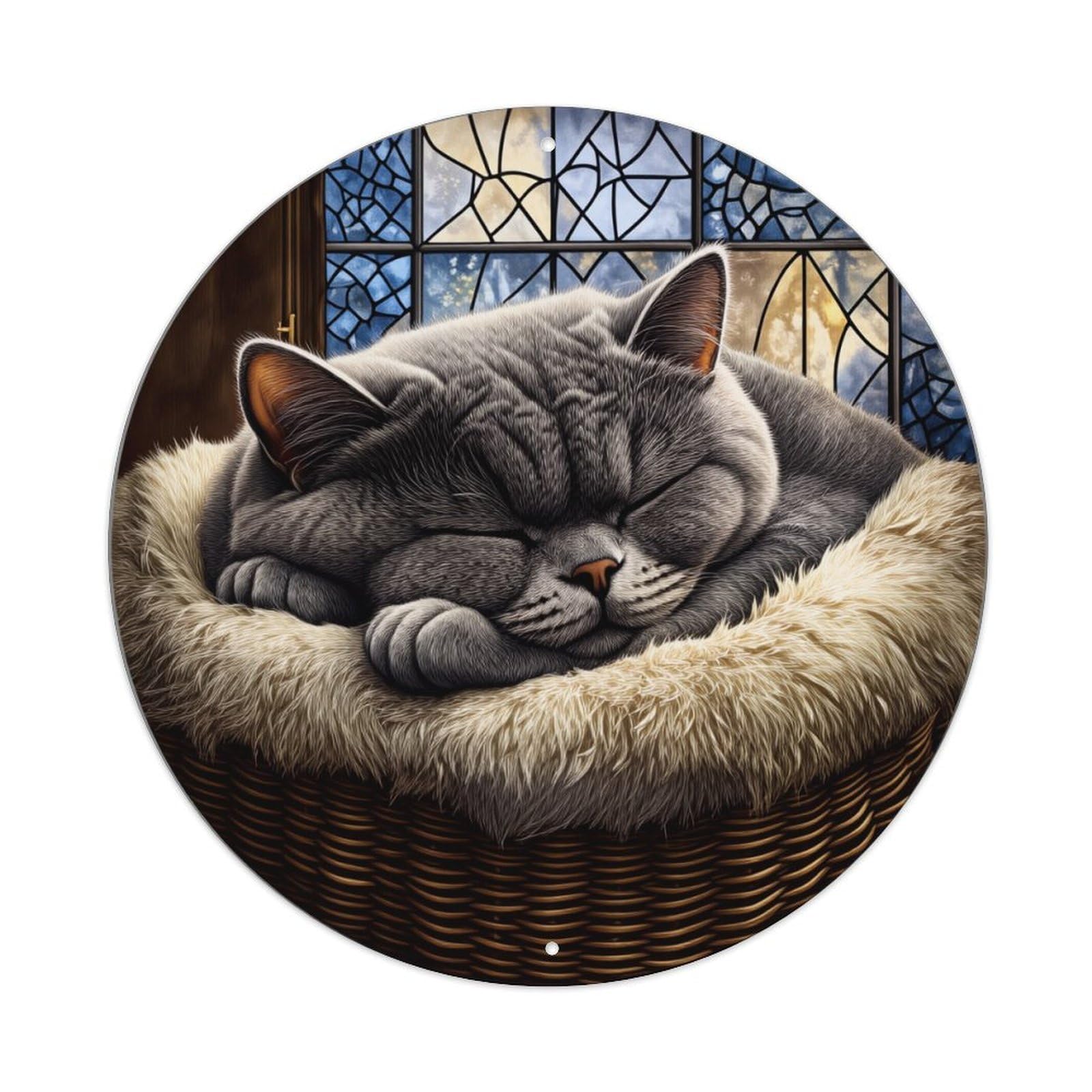 Sleeping Cat In Basket Stained Glass Window Round Tin Sign Vintage Metal Sign Home Bar Garden Indoor & Outdoor Wall Decor Retro Metal Poster 8x8 Inch
