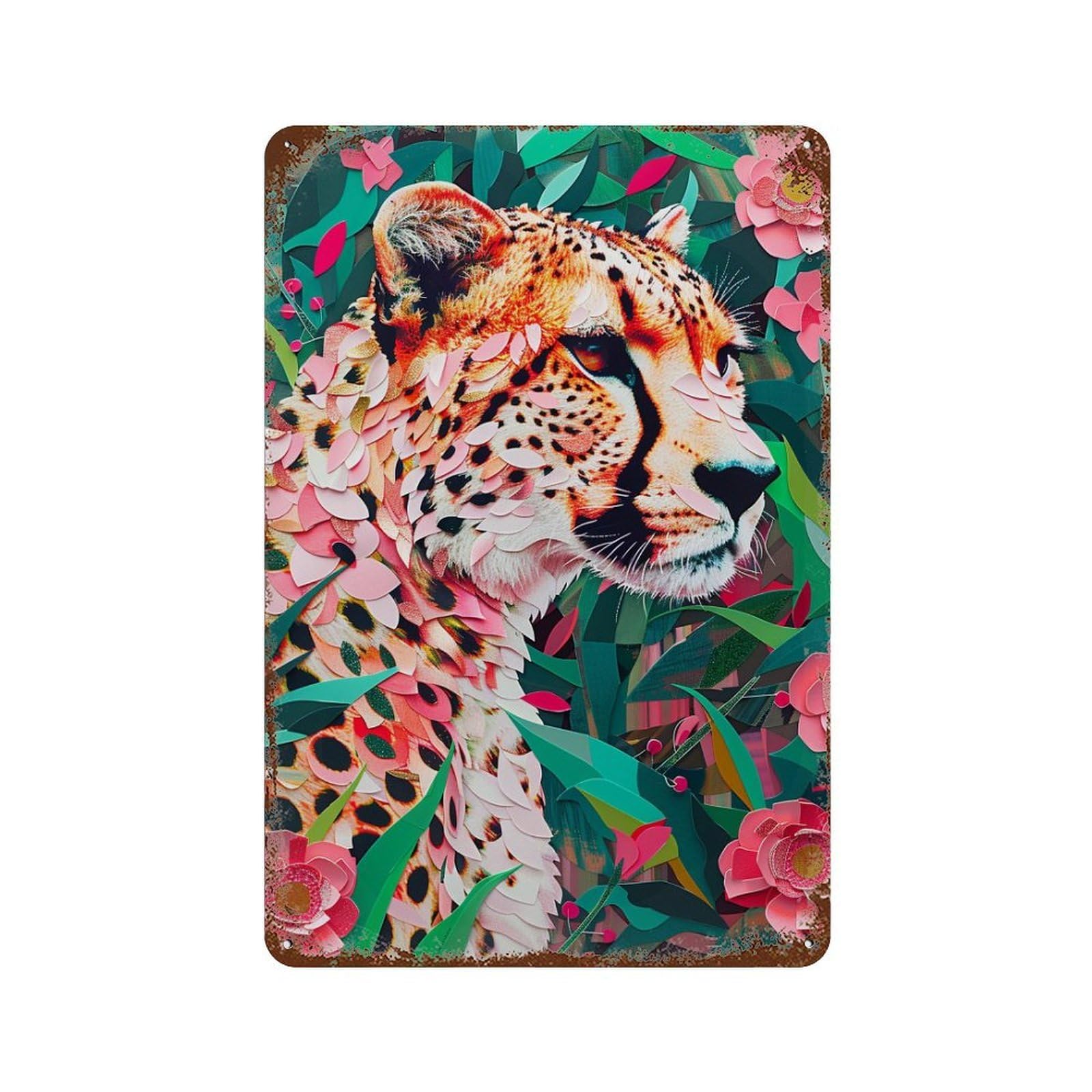 Leopard in Floral Jungle 11.8"x7.9" Rustic Tin Plaque, Retro Wall Decor for Garage, Bar And Workshop Decor