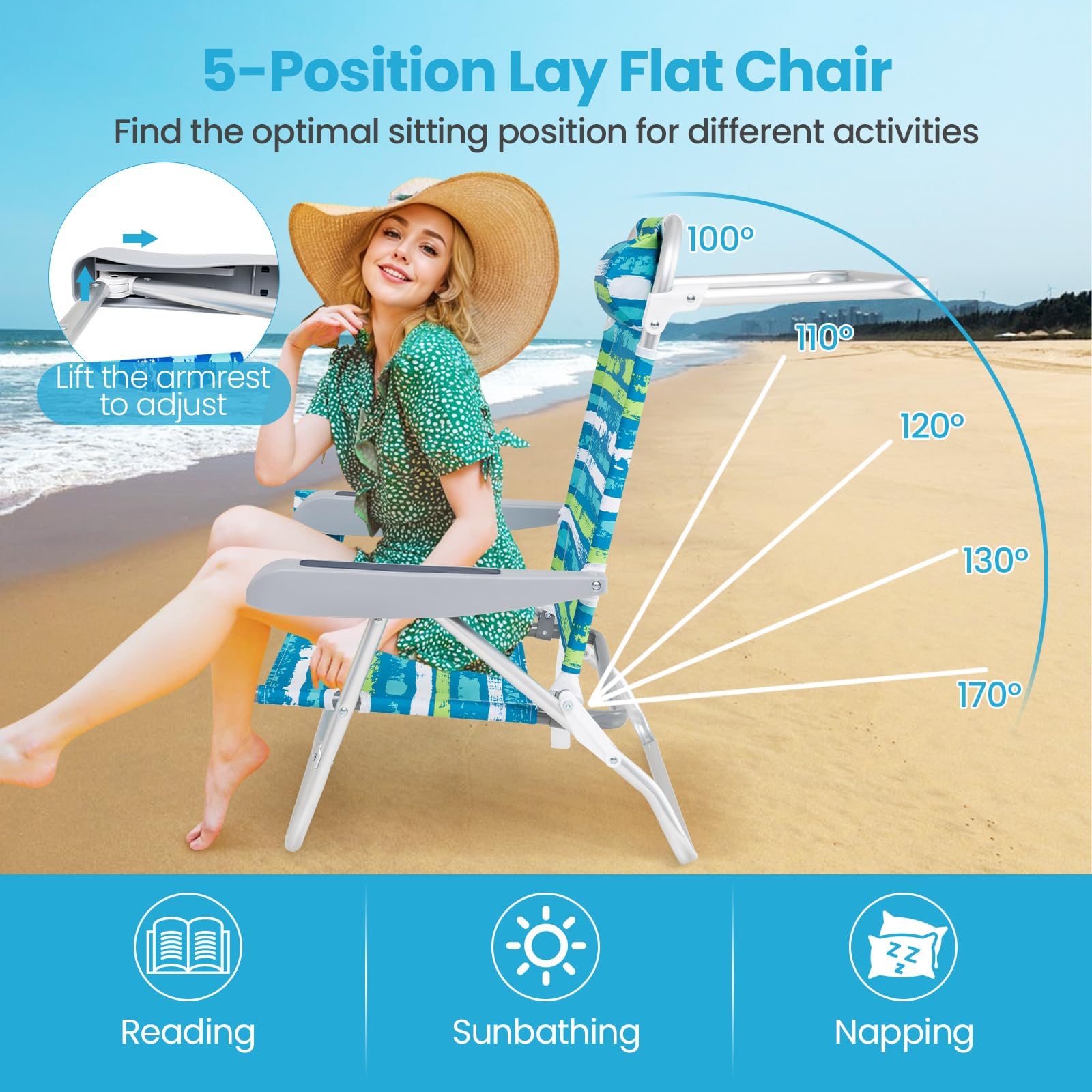 FANTASK 2-TLG Strandstühle klappbar, Campingstuhl 5-stufig verstellbare Rückenlehne, Klappstühle mit Verstellbarer Rückenlehne, Kopfstütze, Getränkehalter & Handtuchhalter, bis 150 kg belastbar, Grün