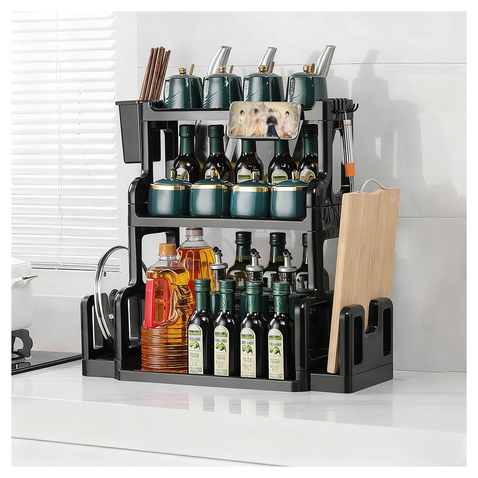 HADECOLL Tiered Countertop Spice Rack Organizer With Hooks And Utensil Holders, Freestanding Kitchen Storage For Office And Living Room, 2 Tiers,3 Tier
