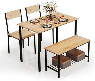 PULUOMIS Dining Table and 2 Chairs with Bench, Dining Table and Chairs Set 4 Piece Dining Room Set, Chair and Bench Set for Restaurant Kitchen Home Bistro Garden, Oak