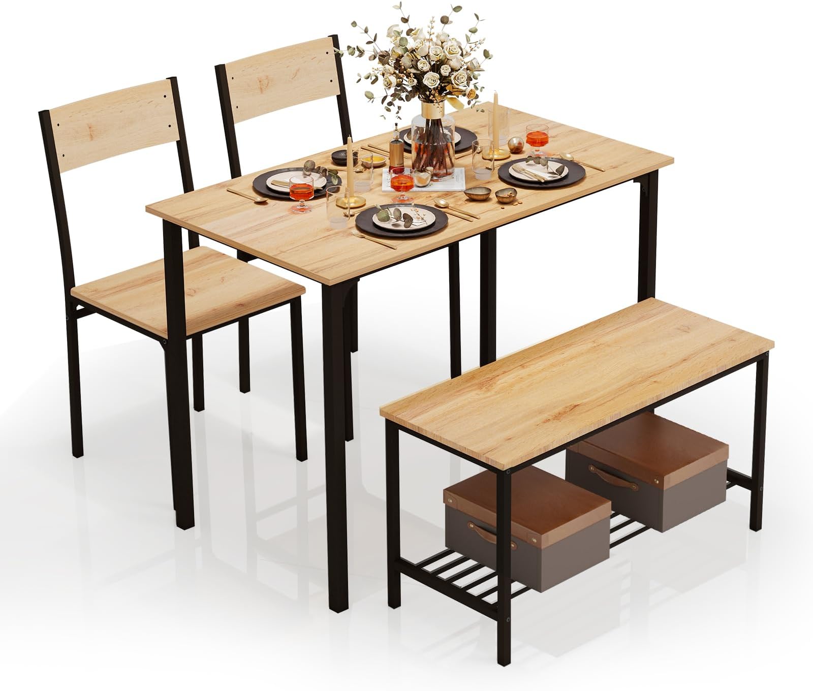 PULUOMIS Dining Table and 2 Chairs with Bench, Dining Table and Chairs Set 4 Piece Dining Room Set, Chair and Bench Set for Restaurant Kitchen Home Bistro Garden, Oak