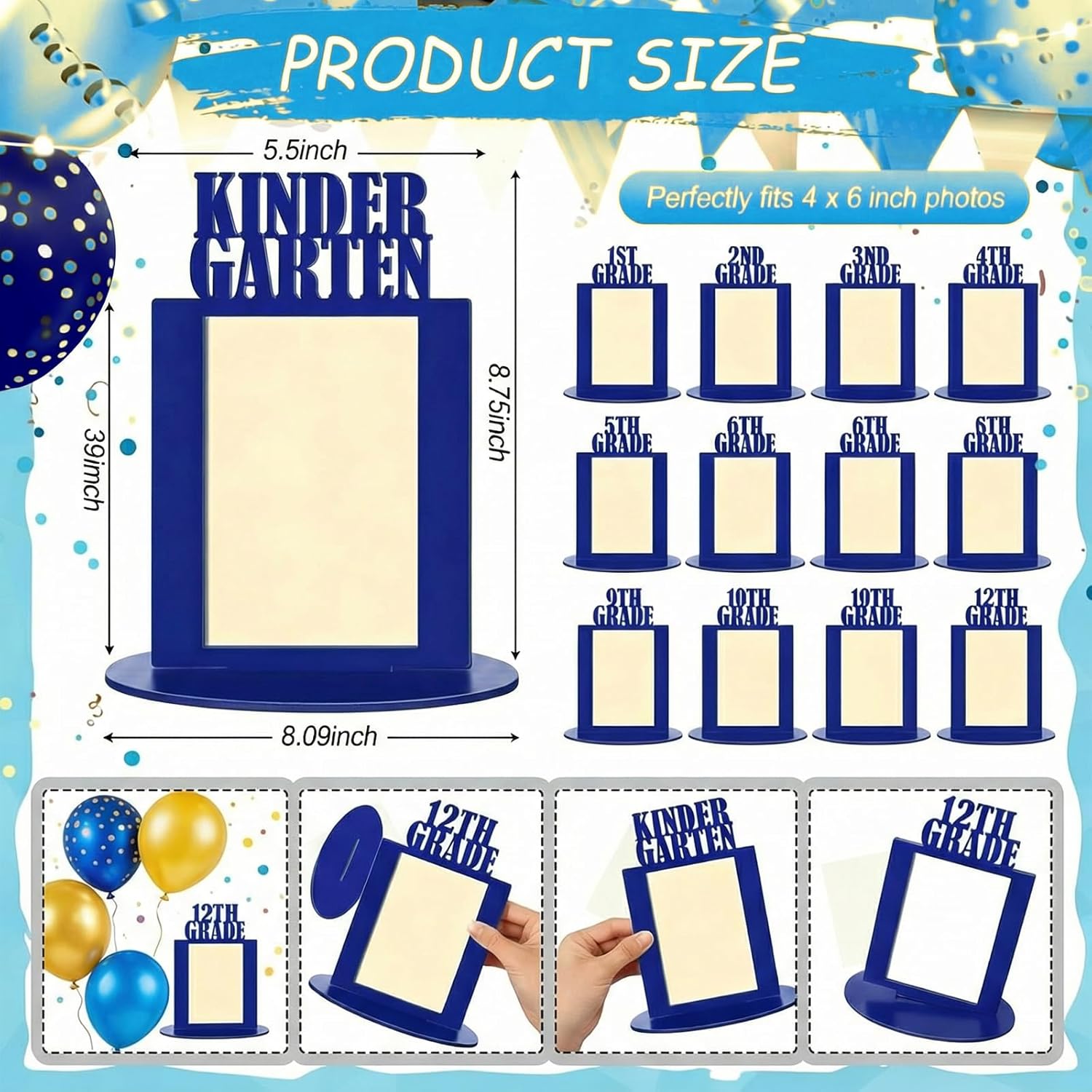 AceOrbit 13 Pcs K-12 Picture Frame 4 x 6 Inch Kindergarten Through 12th Grade Picture Frame Grad School Photo Display for Graduation Party Supplies(Blue)