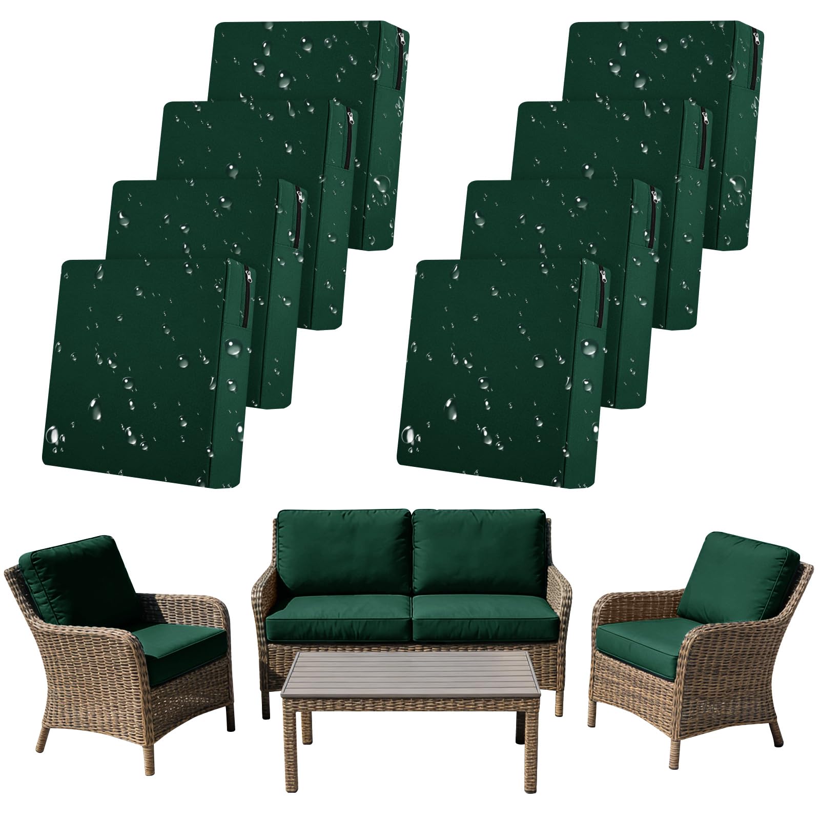 SYLC 8Pcs Outdoor Cushion Covers Waterproof Patio Cushion Covers Replacement with Zipper, Garden Rattan Sofa Seat Slipcovers Furniture Protector (Dark green,4pcs 60×55×10cm＋4pcs 55×50×10cm)