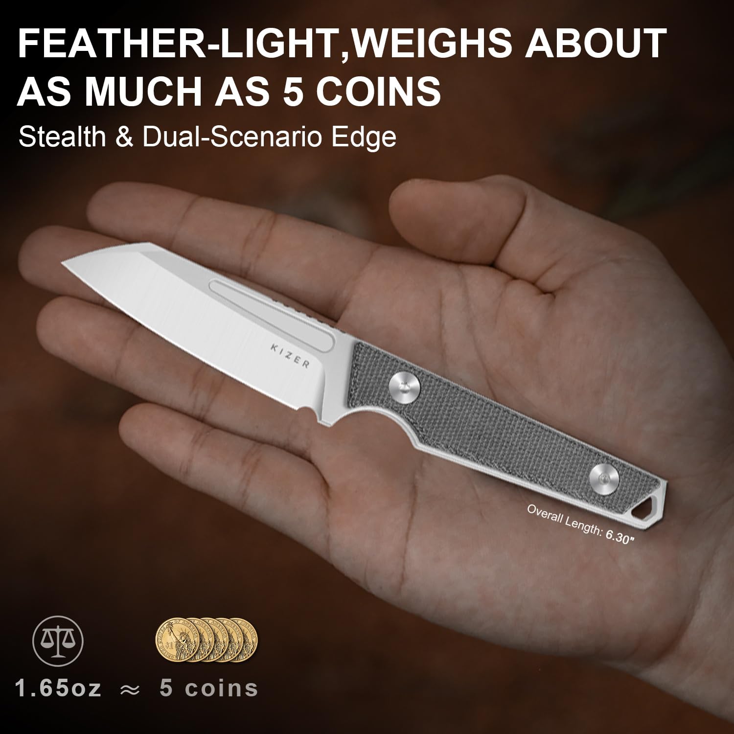Kizer Phasmids Cuchillo de Hoja Fija con Funda, Hoja de Acero AEB-L de 7 cm, Cuchillo de Camping de Espiga Completa con Mango de Micarta Negra, Cuchillos EDC para Senderismo 1079A3