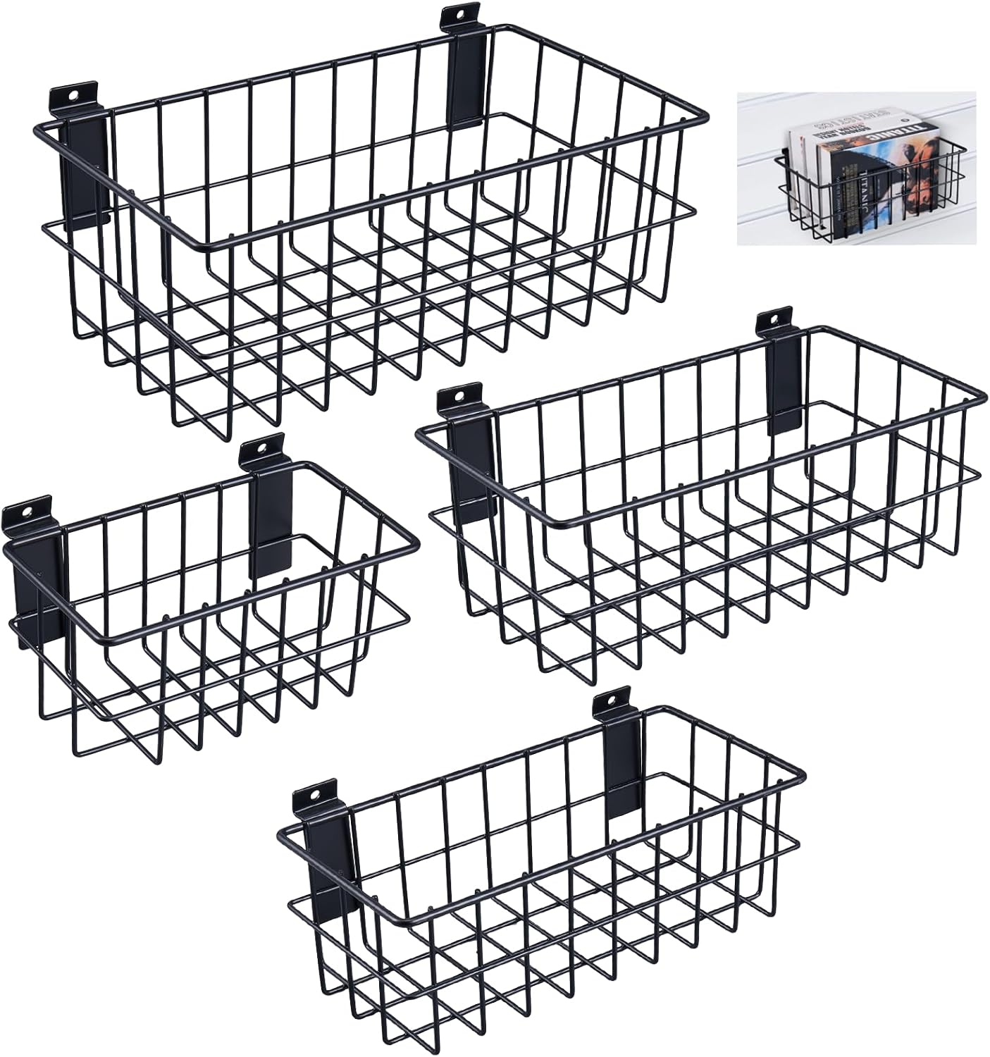 4Pcs Slatwall Basket Set Ventilated Metal Slatwall Baskets Hanging Storage Baskets for PVC Slatwall, Mounted Slatwall Accessories Storage Display on Garage Slatwall Panels
