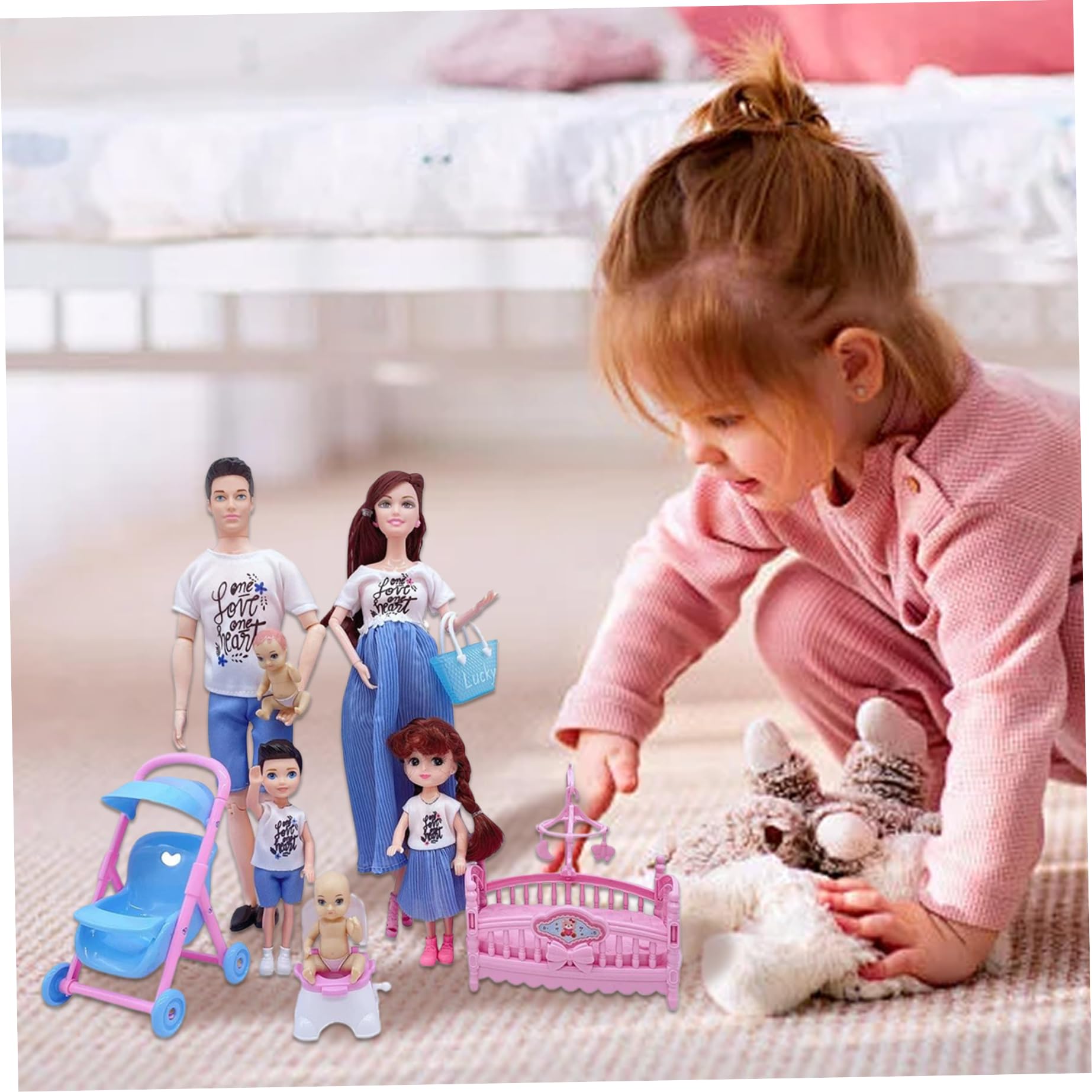 Juego de muñecas Familiares, Juego de muñecas seguras para Embarazadas con papá y 3 niños, 5 Personas con Accesorios para casa de, Juguete para de imitación para niños y bebés