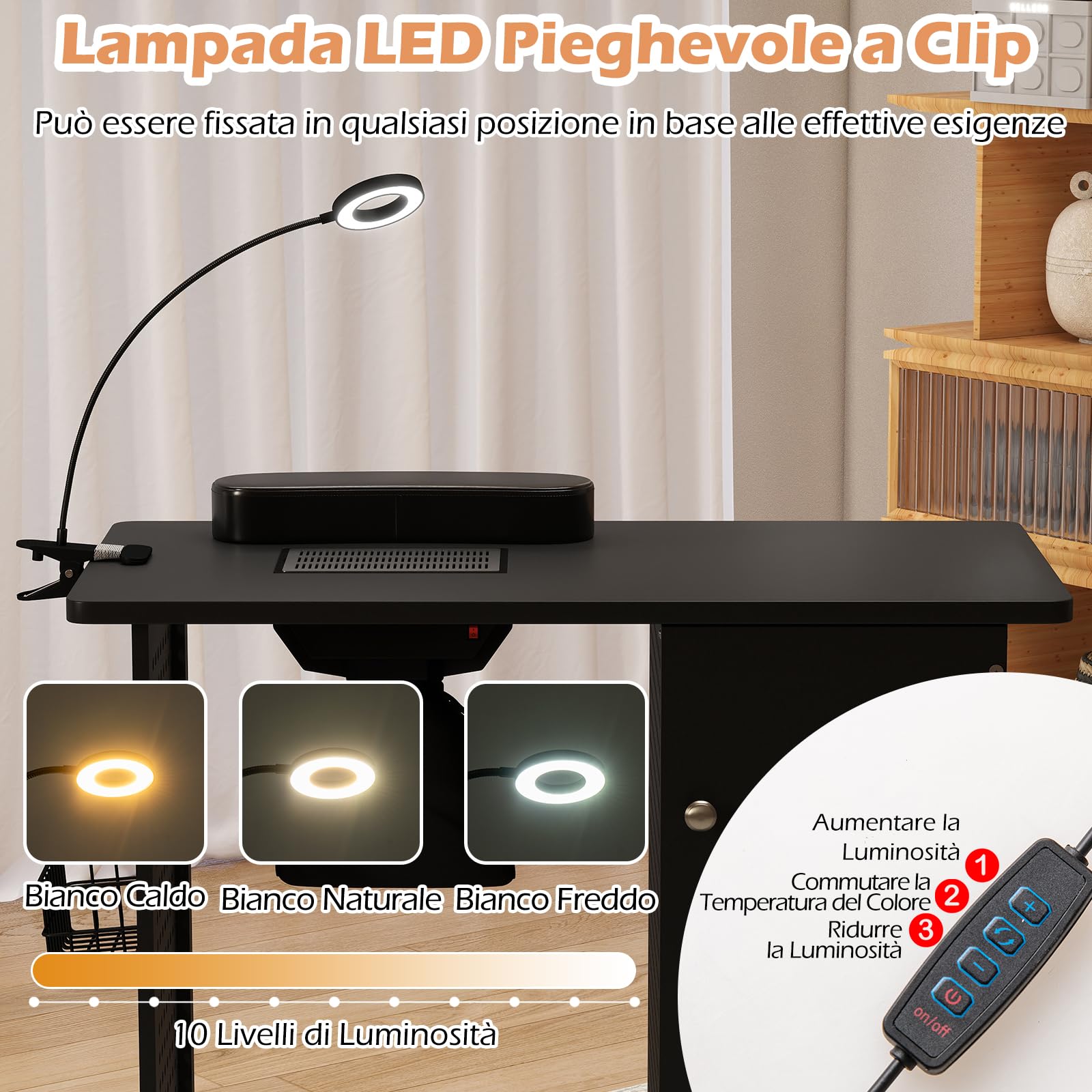 COSTWAY Tavolo Manicure con Aspiratore, Tavolo per Unghie con 6 Ruote Bloccabili, Sacchetti per Polvere, Armadio Chiudibile con 4 Vassoi, Poggiapolsi, Lampada LED e Cestino Metallico, 90x79x45cm