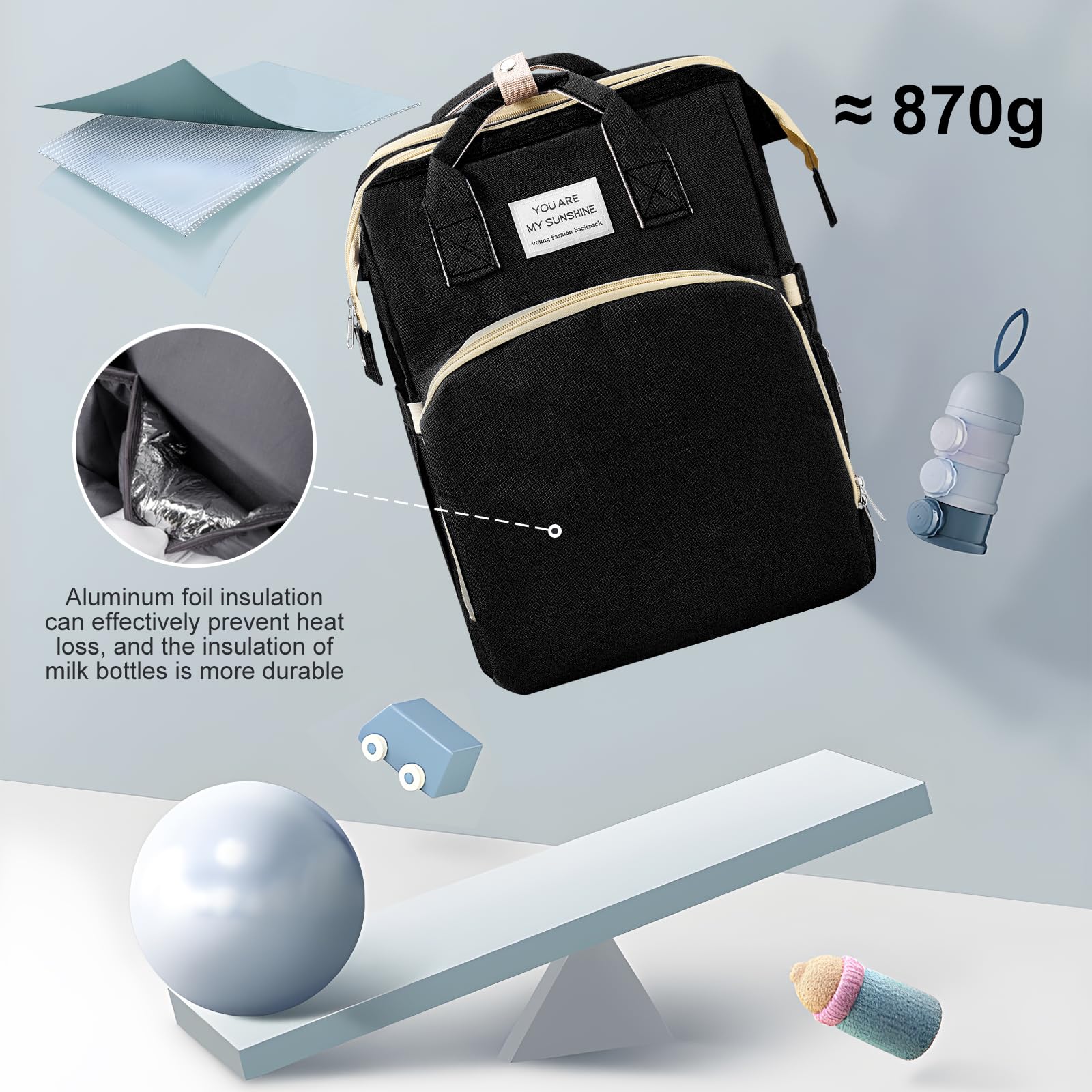 Sac a Langer a Dos avec Sacs à Langer Lit Grande Capacité, Grande Sac à Couches avec Matelas à Langer,sac à Dos pour lit Bébé,sac de Voyage avec Lit Pliable et Pare-Soleil (noir)