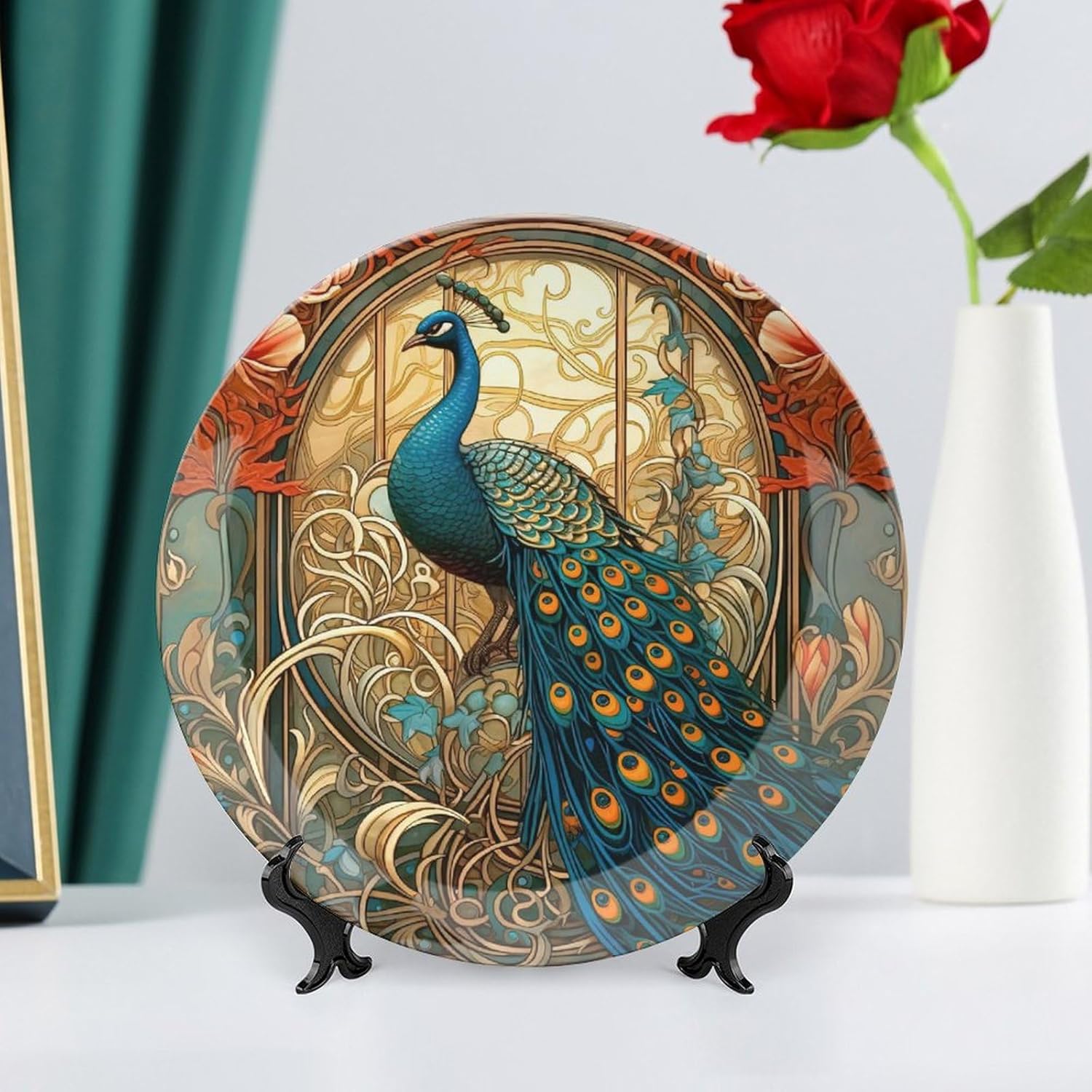 Peacock Ceramic Decorative Plate, Peafowl Decorative Dish with Stand, Elegant Animal Bone China Decorative Plates Art Porcelain Plate for Living Room Hallway Table Decor