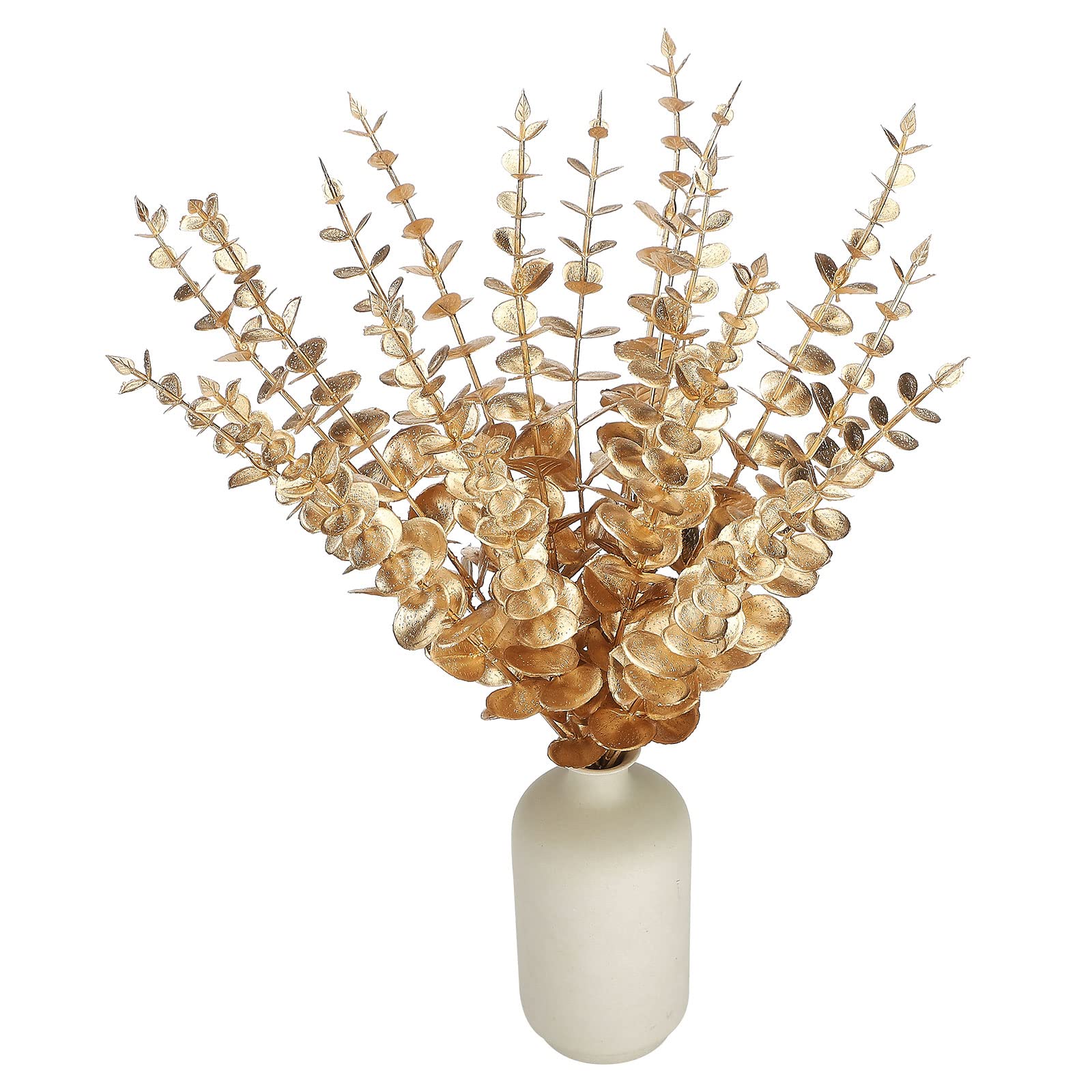 BestAlice 30 Pcs Artificial Eucalyptus Branches Stem, 38cm Faux Eucalyptuses Leaf Bouquet Table Centerpiece Decor, Silver Dollar Eucalyptus Leaves Stems, Gold