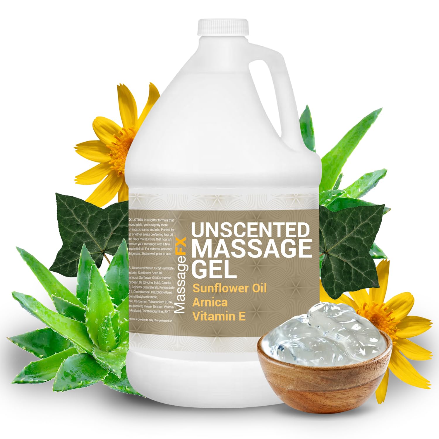Massage Gel by Massage FX - 100% Pure Jojoba & Sunflower Seed Oil - Herbal Extracts Ivy, Arnica & Aloe - Unscented - Max Workability & Glide - Perfect for Full Body Massages - Paraben Free - 1 Gallon