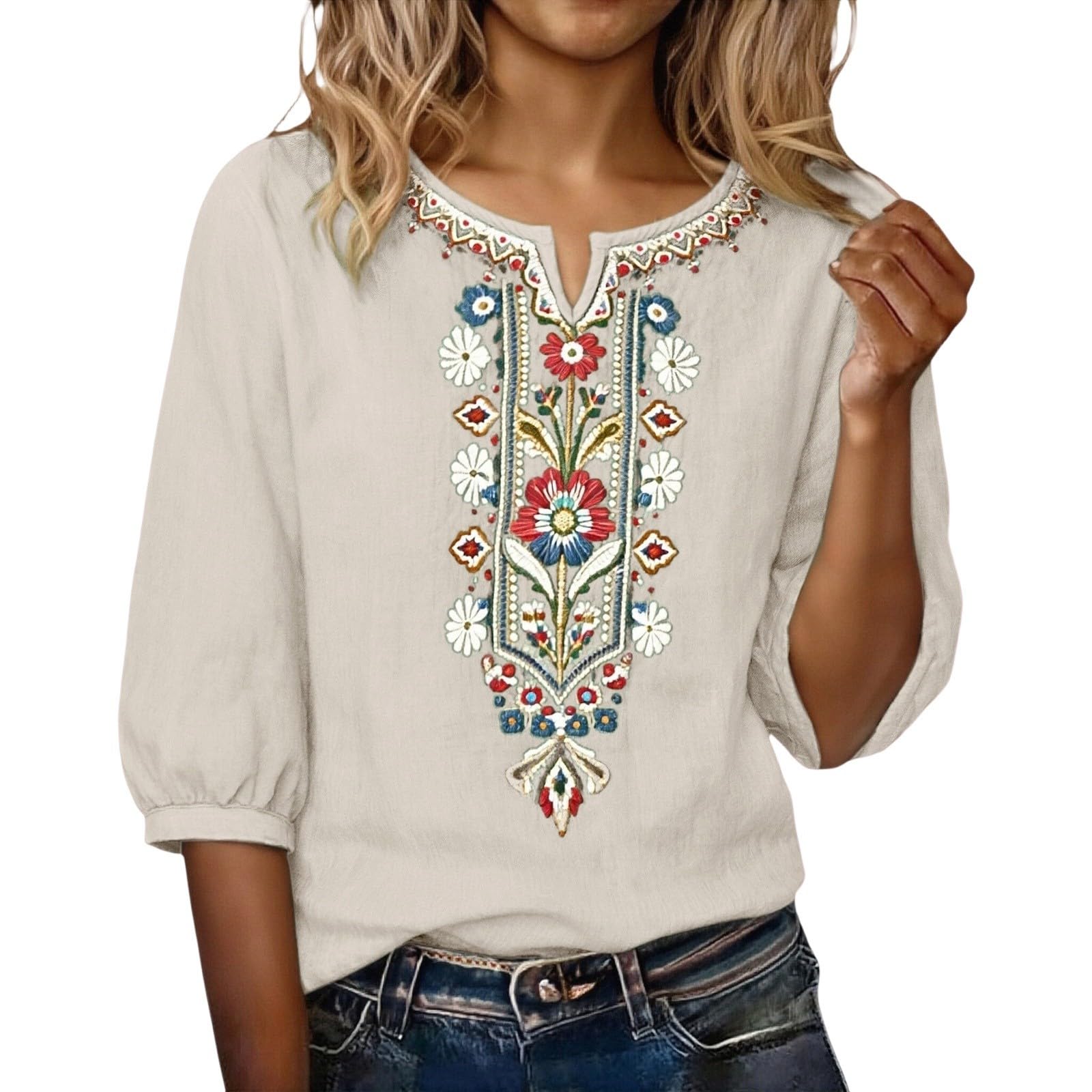Genérico Camisas Mujer Primavera Manga 3/4 Algodón Lino Cuello V Bordado Étnico Blusa Transpirable Verano Oficina Suelta Casual Elegante Original Tops Fiesta Boho