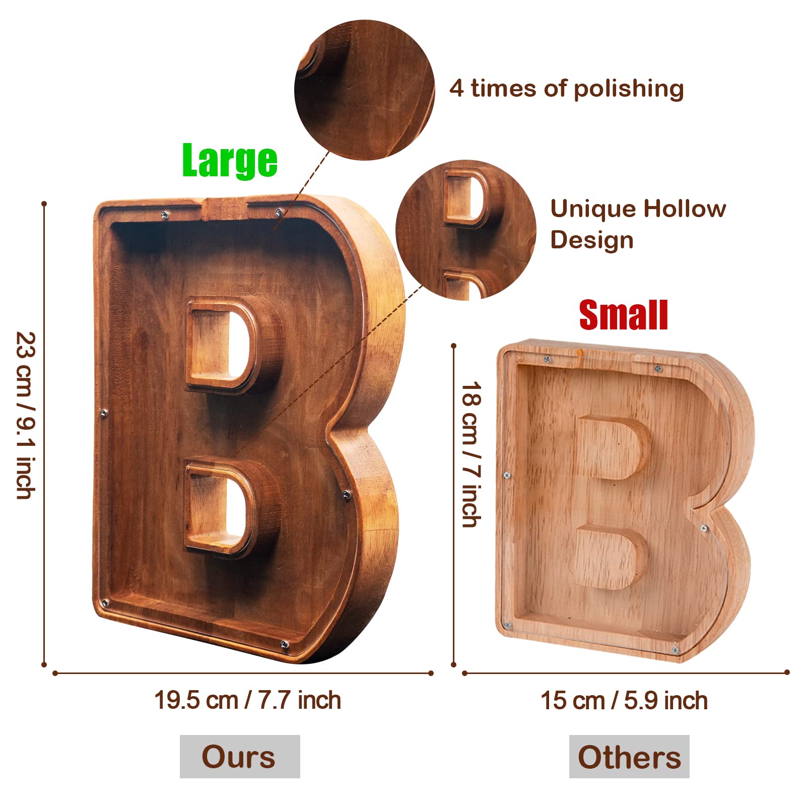 Crefun Large Wooden Letter Piggy Bank - 9.1 Inch Personalized Money Box With Alphabet Stickers, Natural Wood & Acrylic - View #5