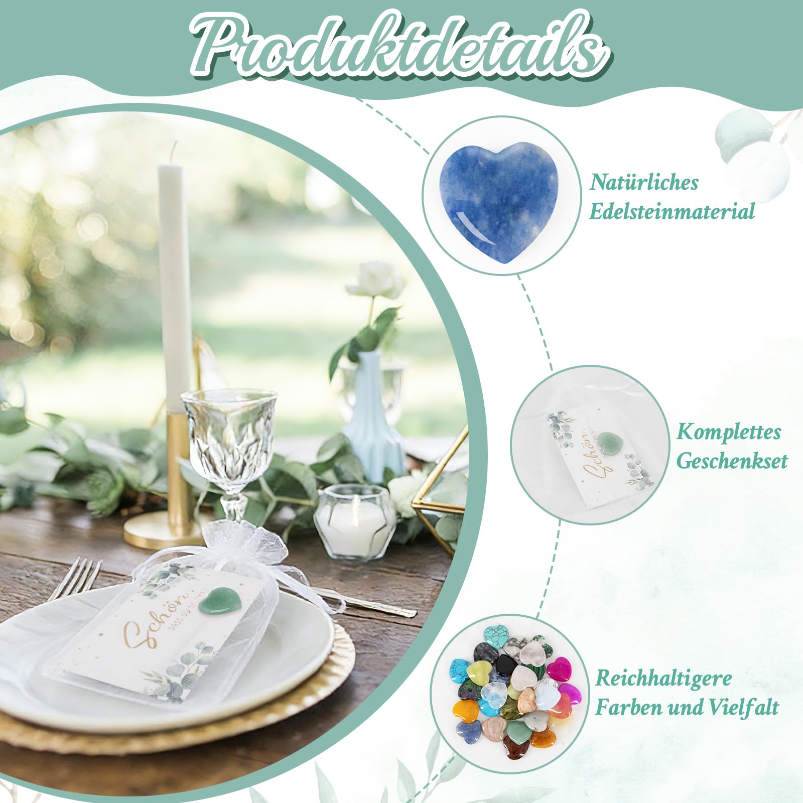 ZYNERY 30 Stück Herz Steine Gastgeschenk Hochzeit mit Karte im Organzasäckchen Schön dass du da bist Gastgeschenk Herzsteine für Hochzeit Gastgeschenke Taufe Kommunion