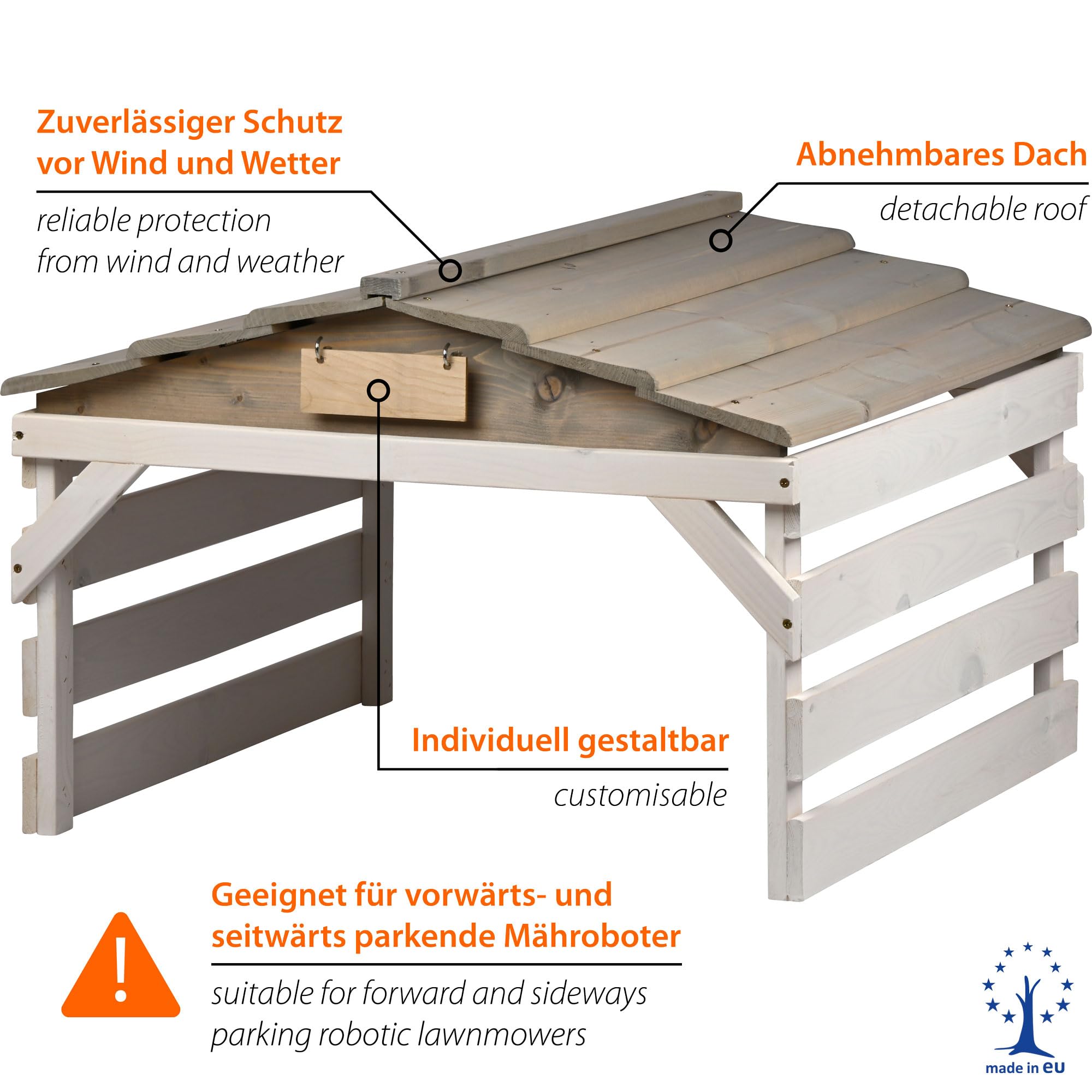 dobar Garaż dla robota koszącego z drewna ze zdejmowanym dachem – schronienie dla robota koszącego z możliwością personalizacji – 78,5 x 74 x 52,5 cm – szary/biały