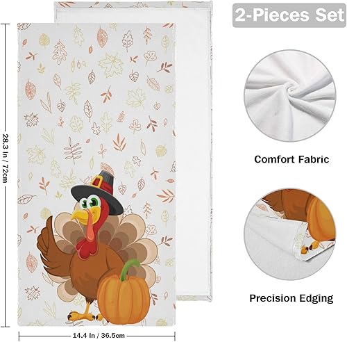 Miniatura 2 de Pfrewn Juego de 2 toallas de mano de pavo de Acción de Gracias para baño, divertido pájaro de dibujos animados con sombrero de peregrino, hojas de