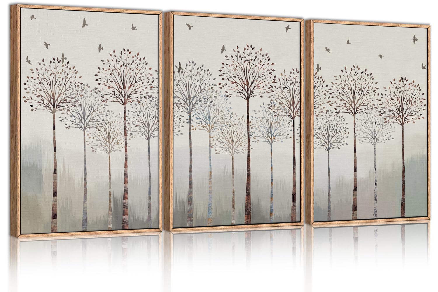 KAIRNE Forest Bird Abstract Framed Canvas Wall Art Set, Modern Dandelion Trees Wall Decor, Foggy Botanical Wall Painting, Plant Branch Landscape Art Print for Living Room, Bedroom, Office - 16"x24"x3