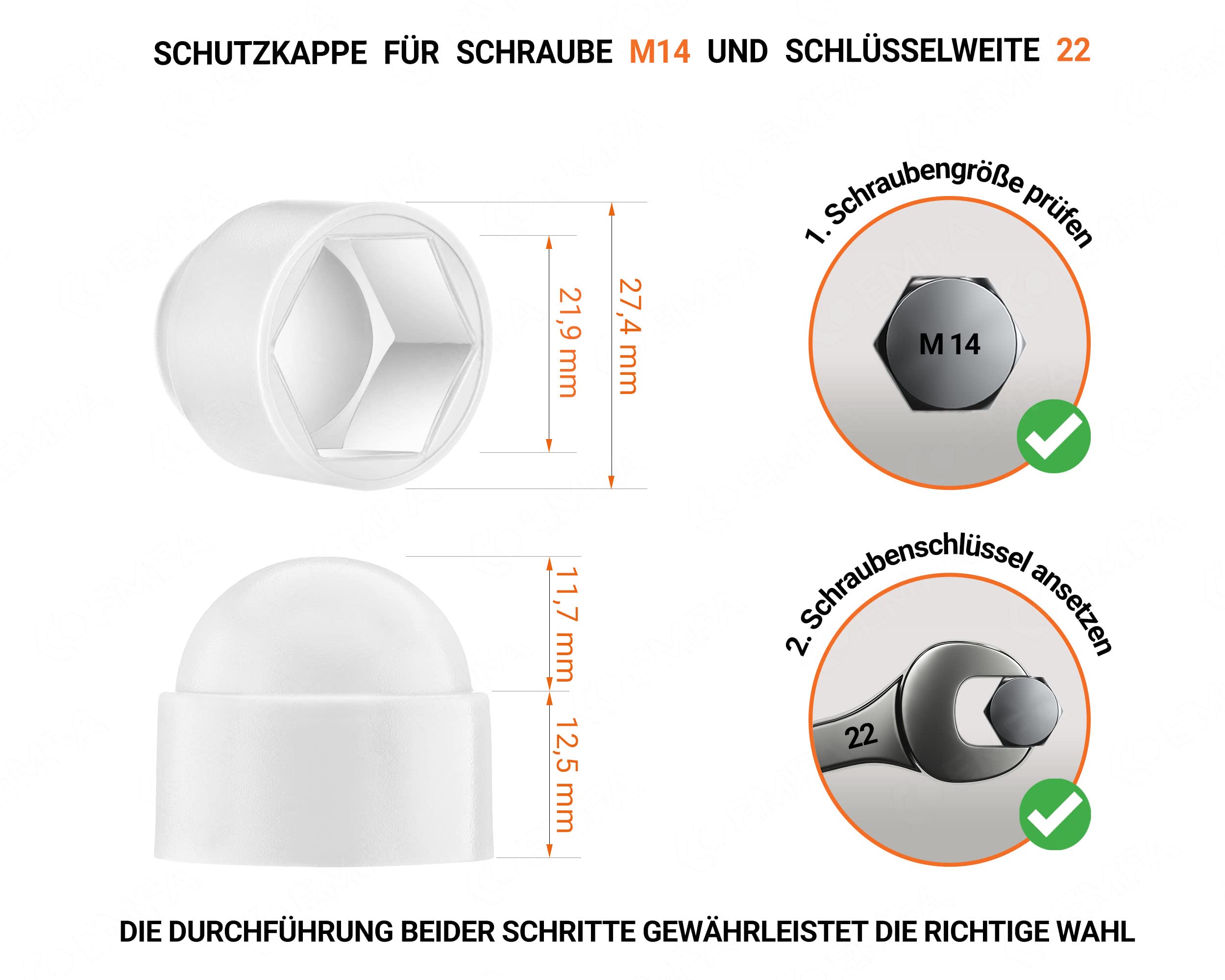Cappucci copri-dado bulloni M14 (chiave 22) Bianco cappucci di protezione per viti 25 pezzi Cappucci protettivi esagonali Tappi plastica EMFA ®