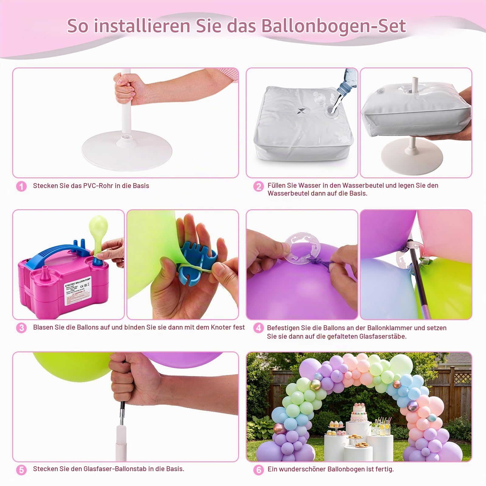 PlusFive Ballonbogen mit Luftpumpe Elektrisch 600W, 2,7M Verstellbarer Luftballon Bogen & Luftballonpumpe Set für Party, Hochzeit und Geburtstag Dekoration