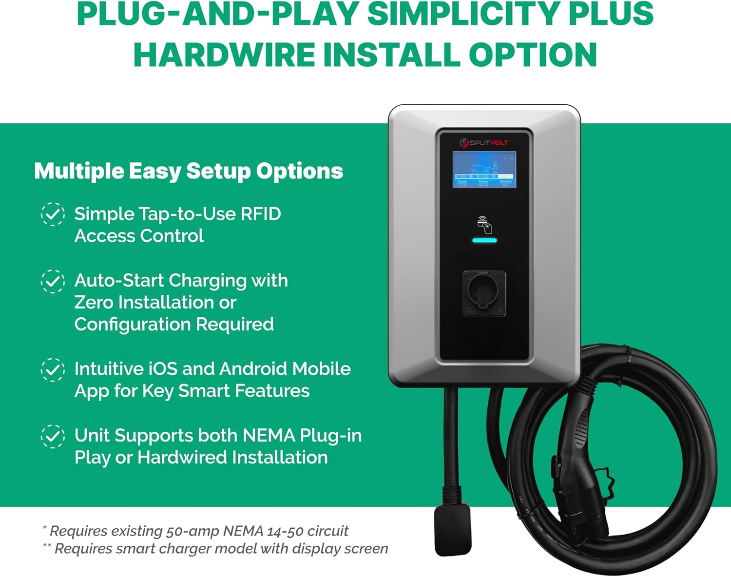 Splitvolt Level 2 Smart EV Charging Station - Connected, Adjustable 12kW, Display, Scheduling, RFID, NEMA 14-50, J1772, OCPP Compatible, Outdoor Rated, 16ft