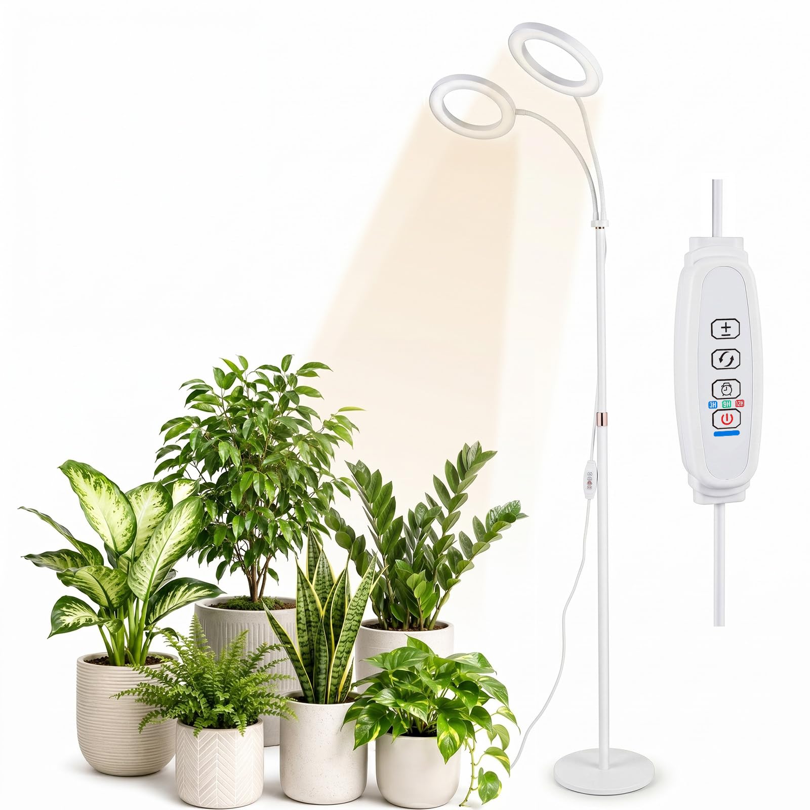 EVERGOODS Grow Lights for Indoor Plants, Full Spectrum Plant Light with 360° Gooseneck, 72 LEDs 3 Color Modes 10 Dimmable Levels, 3/9/12H Timer, Height Adjustable Floor Grow Lamp (White Double-headed)
