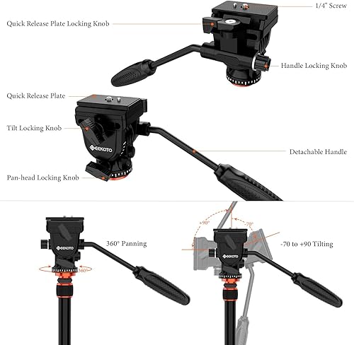 Miniatura 9 de GEEKOTO Trípode de ciencia ficción de 81 pulgadas, cabeza fluida de trípode de video GEEKOTO para cámara digital, trípode de cámara profesional para
