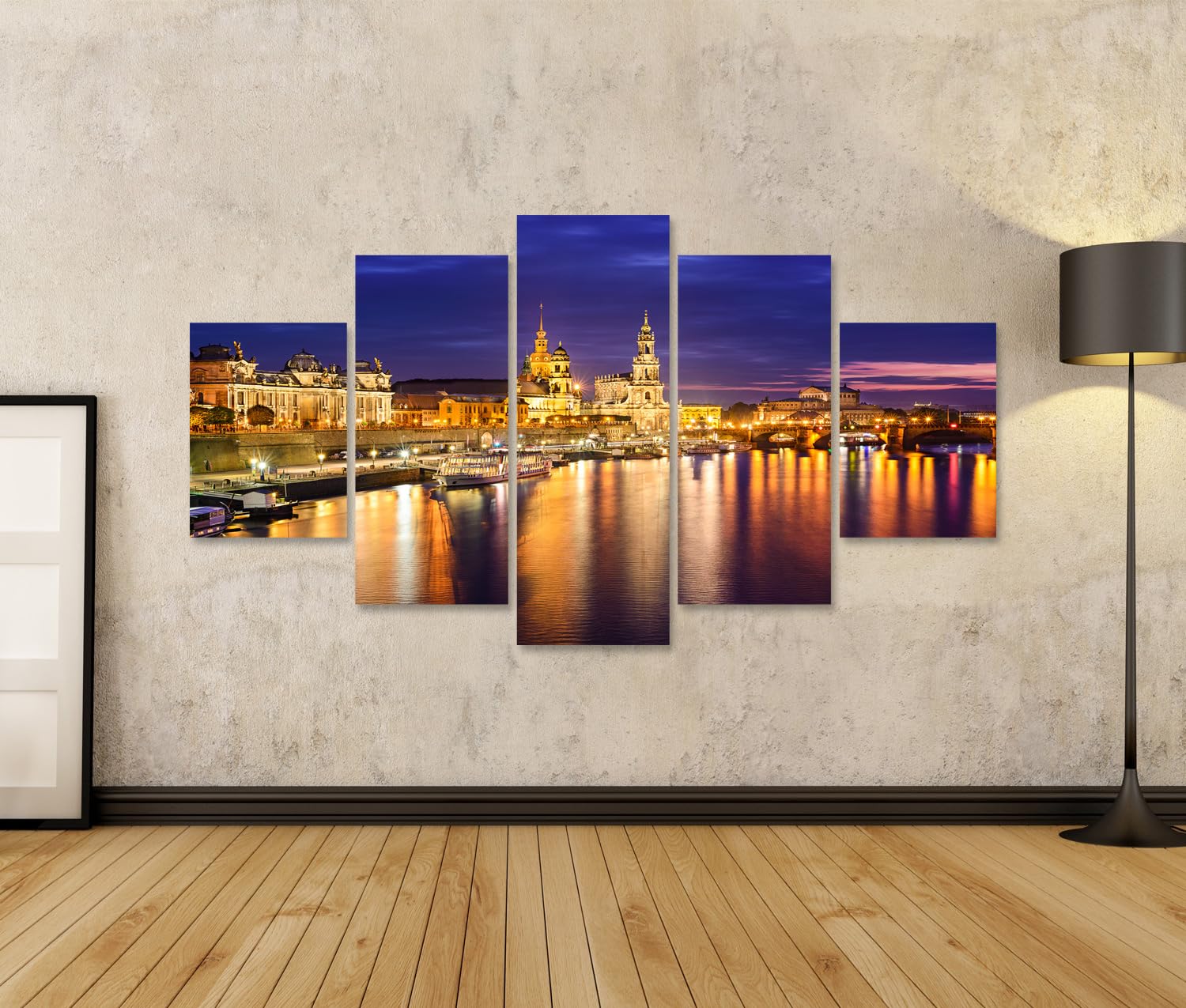 islandburner Bild auf Leinwand Dresden bei Nacht an der Elbe mit beleuchteter Skyline und Reflexionen Bilder Wandbilder 170x80cm